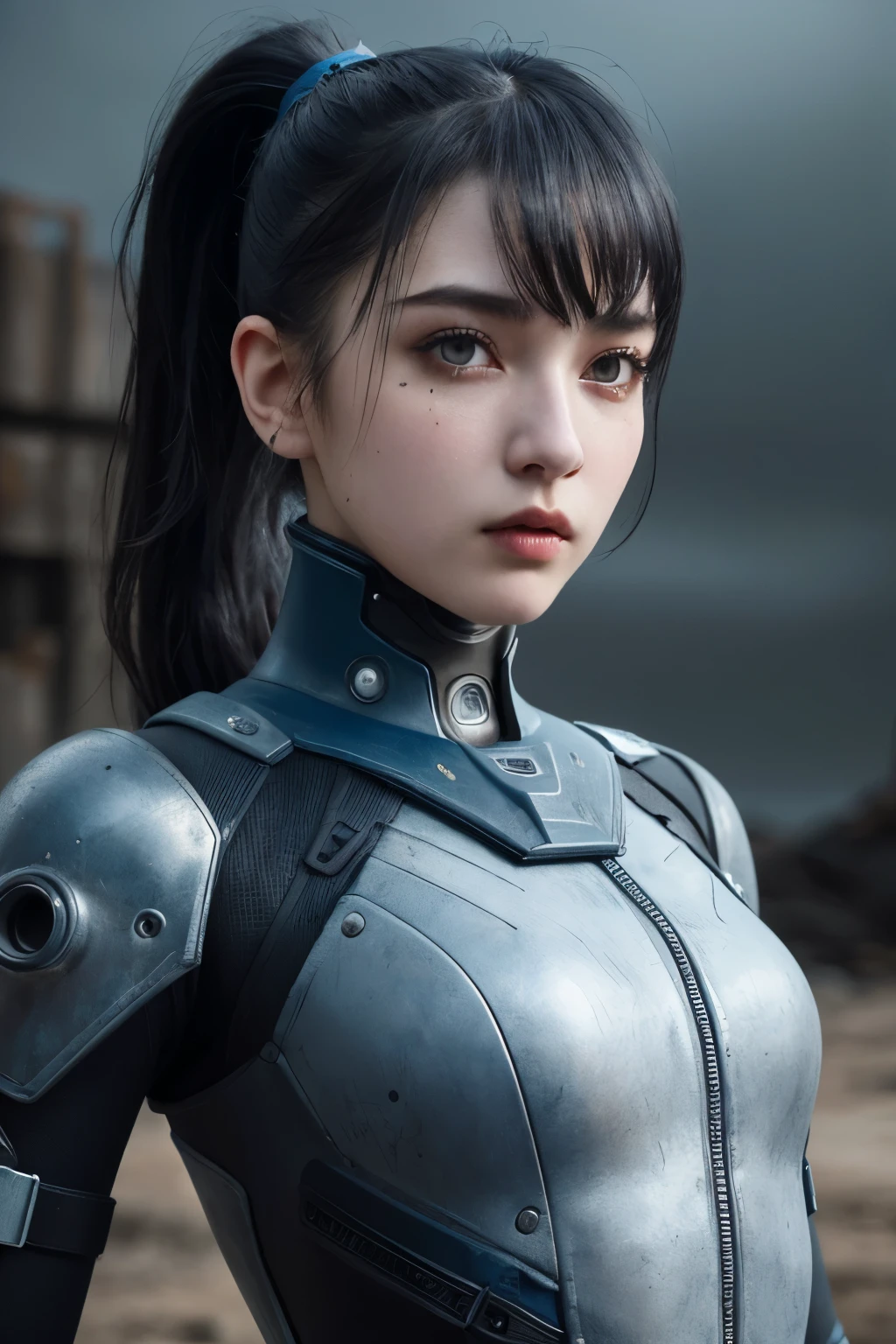medium close up shot, 16 y.o. girl, ponytail dark hair, blue vault suit from fallout, dynamic pose, wasteland, gloomy atmosphere, (bella kotak style of photography, paolo roversi style, tim walker style)
