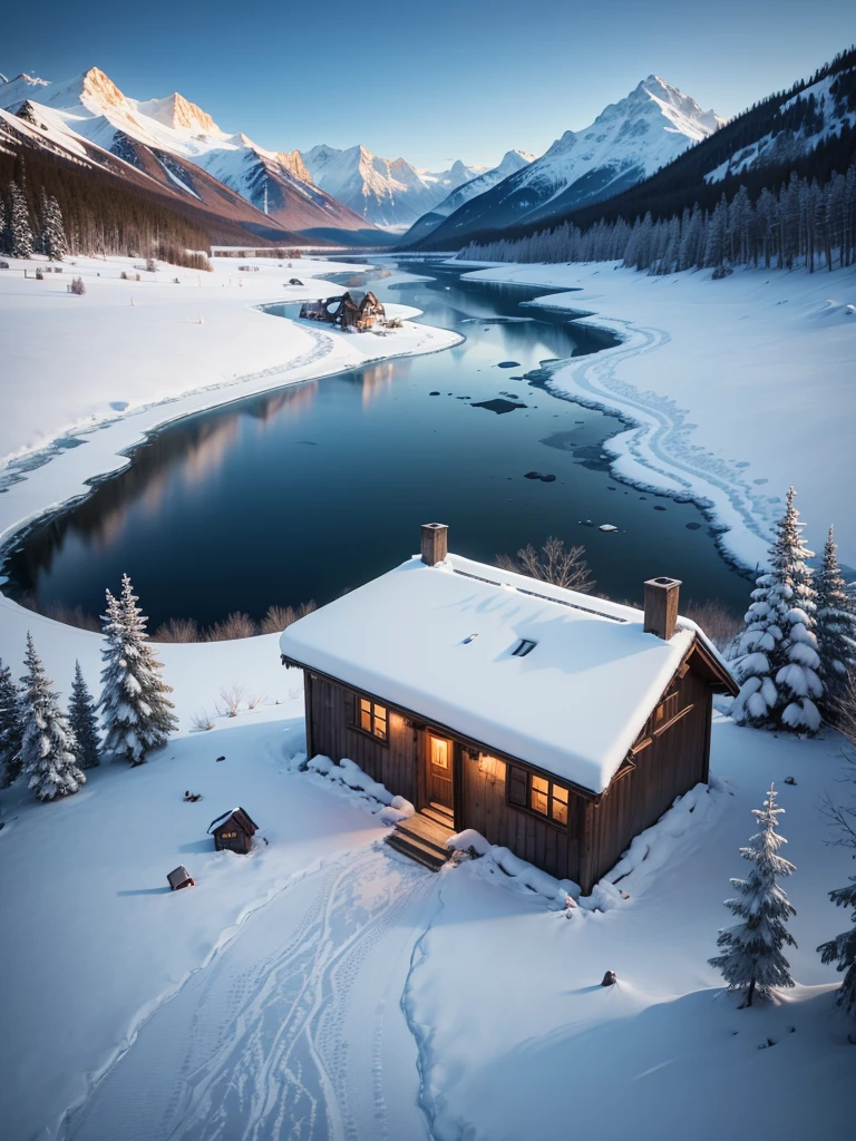 ultra hd quality, a cabin on the shore of a frozen lake, in winter, a panoramic view, in the distance you can see many mountains,