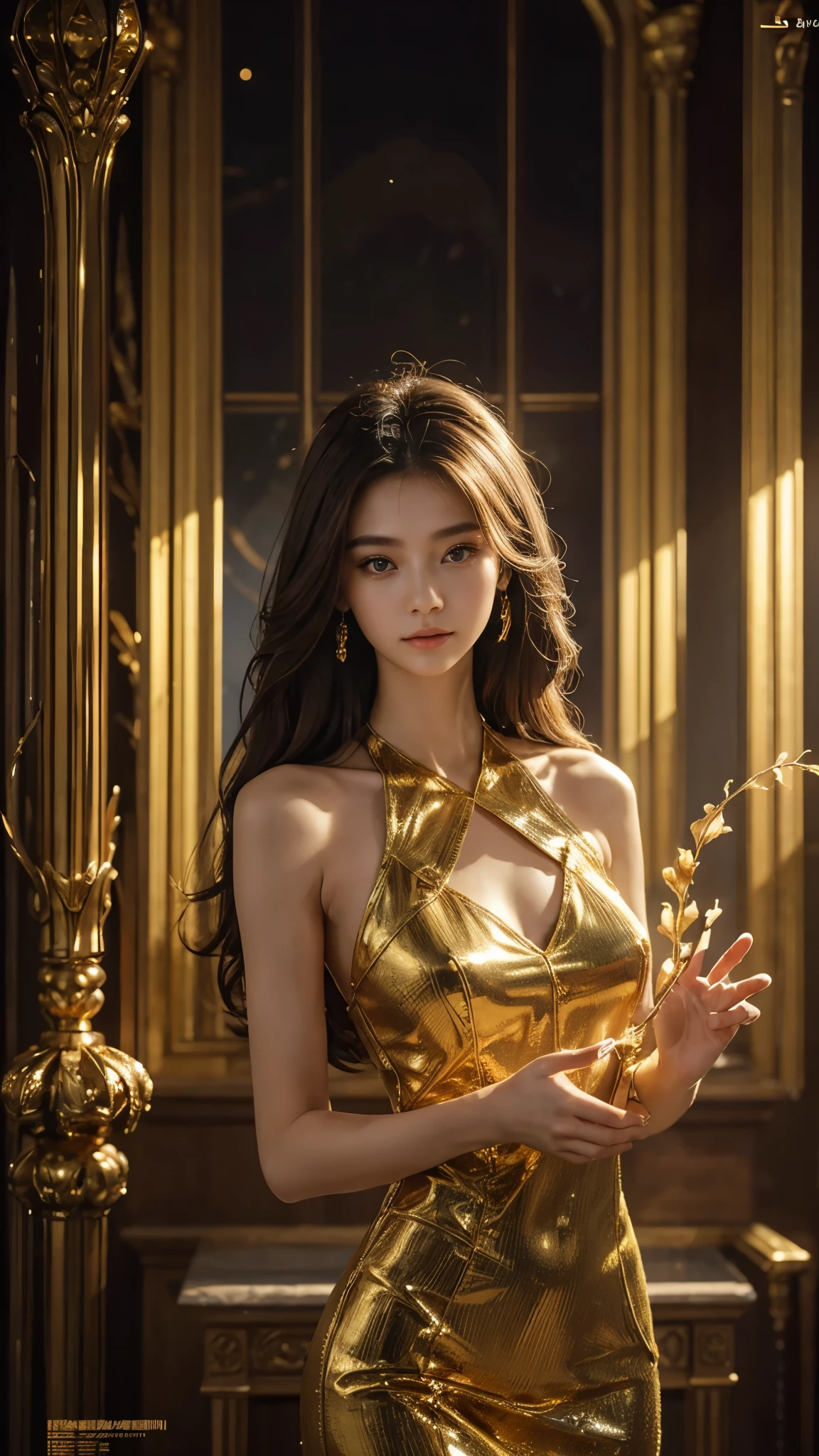 Full figure, seven -clinging shooting, 18 years old, wearing transperent science fiction dress, exquisite faces, details, hands, ultimate details, amazing magnificence, LED internal lighting, Pedaipan style, fiber hair, glowing golden iris, glowing golden iris,