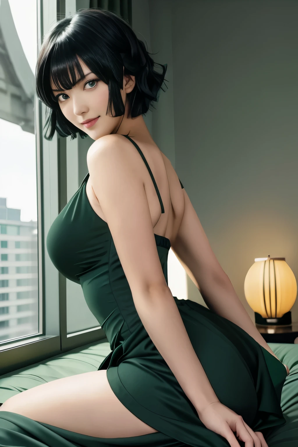 Arafe woman in a green dress sitting on the bed with the window open,  black short hair,green eyes,Fubuki from One Punch Man,in a dress, Tatsumaki from one punch man, seductive woman, revealing clothes, woman in a black dress, , Fubuki, she is wearing a dark green dress, thick, sex with covered breasts, Tatsumaki, a teasing smile