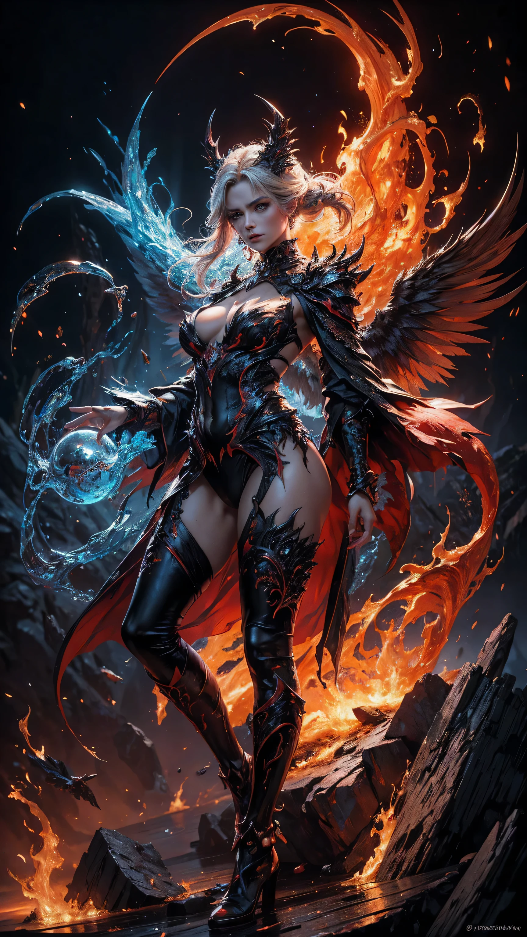 Full body portrait, (8k, RAW photo, highest quality), hyperrealistic, intricate abstract, intricate artwork, abstract style, striking portrait, menacing, otherworldly creature, [demoness:darkness:35], [flames:magma:40], with swirling flames cascading from its body, flaming wings, icy landscape, cold desolate, fearsome power and ethereal presence, non-representational, colors and shapes, expression of feelings, imaginative, highly detailed, extremely high-resolution details, photographic, realism pushed to extreme, fine texture, 4k, ultra-detailed, high quality, high contrast made of ral-blueresin ice