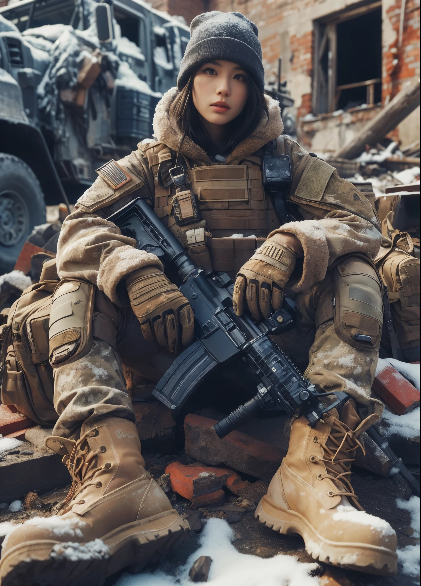 8K,realistic photo、realistic skin texture、A beautiful Japanese woman belonging to the US military is in a snowy city area.、sitting、tired、There are scars on the face、Winter Gear、broken and collapsed building、outdoor、Scattered brick and concrete pieces、bulletproof vest、Holding an automatic rifle、with caution、Backpack、wearing a baseball cap、It is dirty、moving action pose、muscle、Dramatic and bold composition、Burn waste wood to keep warm、bootilitary vehicle、Zoom out
