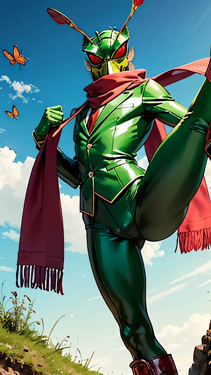 Hero, insect grasshopper head, green suit, red scarf around neck, green gloves on arms, green boots on legs, kick pose, sky background, scarf is dominated, large red grasshopper eyes,