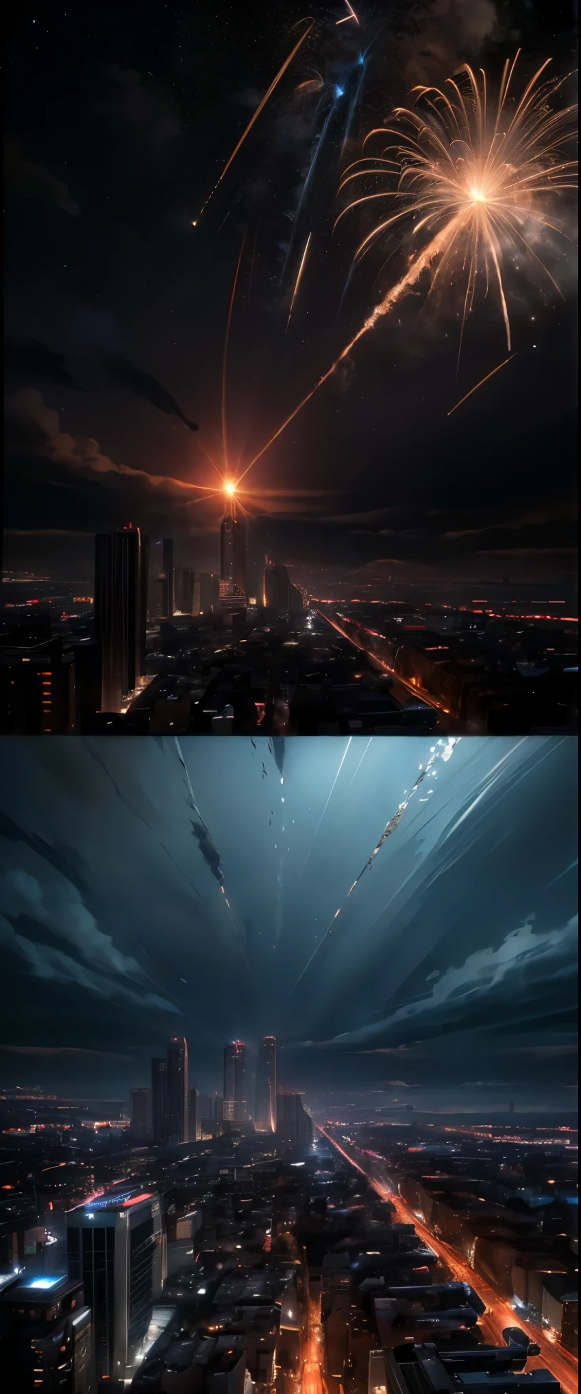((masterpiece, highest quality, Highest image quality, High resolution, photorealistic, Raw photo, 8K)), Ultra Wide Angle, Meteorites rain down on the city from the night sky, A night view of a city ablaze with black smoke,