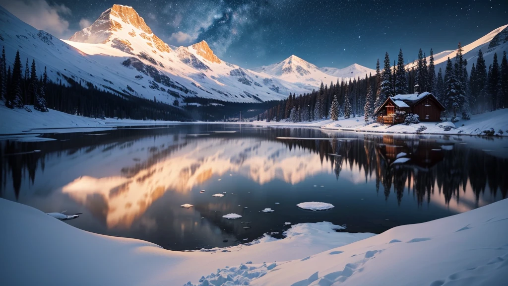 a starry night sky, with the moon shining brightly, the cabin is made of wood and has a roaring fireplace inside. The surrounding area is covered in snow, and there are footprints leading towards the cabin. The cabin is cozy and inviting, with warm and soft lighting. The lake is frozen solid, with a layer of thick ice. The snowy landscape is peaceful and serene, creating a sense of tranquility. The mountains in the distance are majestic and towering, covered in snow. The starry night sky is filled with twinkling stars, creating a magical atmosphere. The moon's reflection can be seen on the frozen lake, adding to the beauty of the scene. The entire image is full of detail and captures the beauty of a winter night in the mountain cabin. [landscape, cabin, frozen lake, winter, panoramic view, mountains, starry night sky, moon, wood, fireplace, snow, footprints, cozy, inviting, warm lighting, peaceful, serene, majestic, towering, twinkling stars, magical, moon reflection]