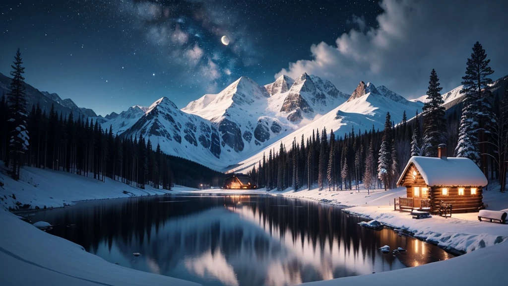 a starry night sky, with the moon shining brightly, the cabin is made of wood and has a roaring fireplace inside. The surrounding area is covered in snow, and there are footprints leading towards the cabin. The cabin is cozy and inviting, with warm and soft lighting. The lake is frozen solid, with a layer of thick ice. The snowy landscape is peaceful and serene, creating a sense of tranquility. The mountains in the distance are majestic and towering, covered in snow. The starry night sky is filled with twinkling stars, creating a magical atmosphere. The moon's reflection can be seen on the frozen lake, adding to the beauty of the scene. The entire image is full of detail and captures the beauty of a winter night in the mountain cabin. [landscape, cabin, frozen lake, winter, panoramic view, mountains, starry night sky, moon, wood, fireplace, snow, footprints, cozy, inviting, warm lighting, peaceful, serene, majestic, towering, twinkling stars, magical, moon reflection]