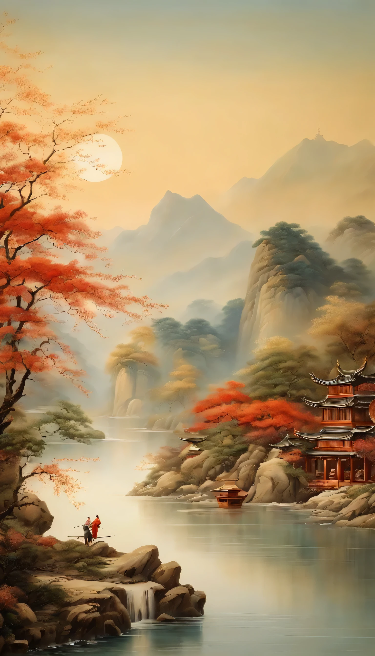 An idyllic Chinese mural, Light look color and white style, Layered landscape, japanese style art, monumental murals, Ricoh FF-9D, Golden Age aesthetics, Exotic landscape