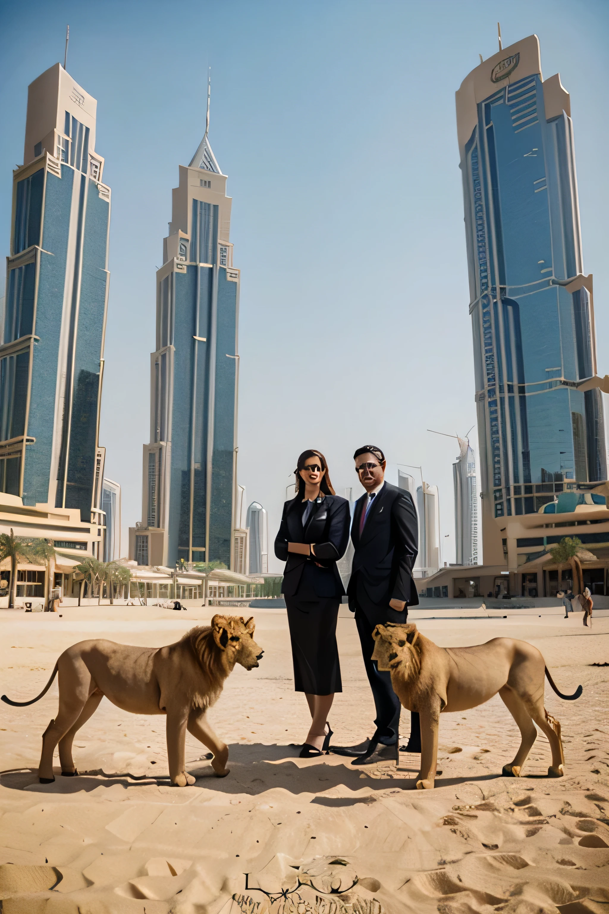 businesspeople in dubai with lions, realista