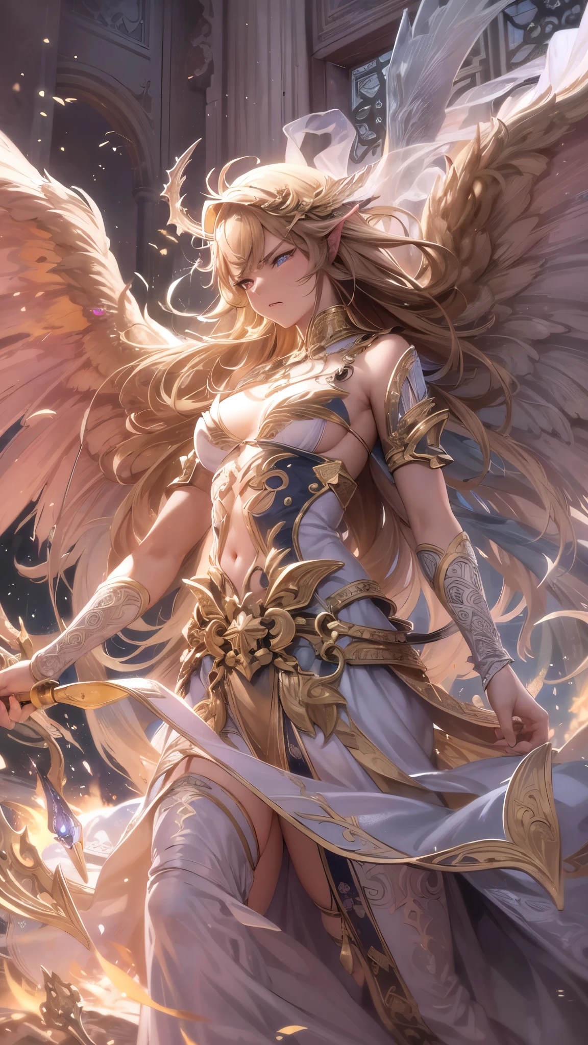 ((highest quality)),(ultra high resolution),(Super detailed),(detailed description),((best CG)),(best work of art),super precision art,amazing drawing art,(Fantasy art with precise details:1.5), (Female angels:1.6),(angry face:1.5),(Big wings of light that envelop her:1.5),powerful flapping of wings,Dancing, shining feathers,sword,gun,mallet, god々anger,Burning Sun,conviction,Demons,The earth trembles violently