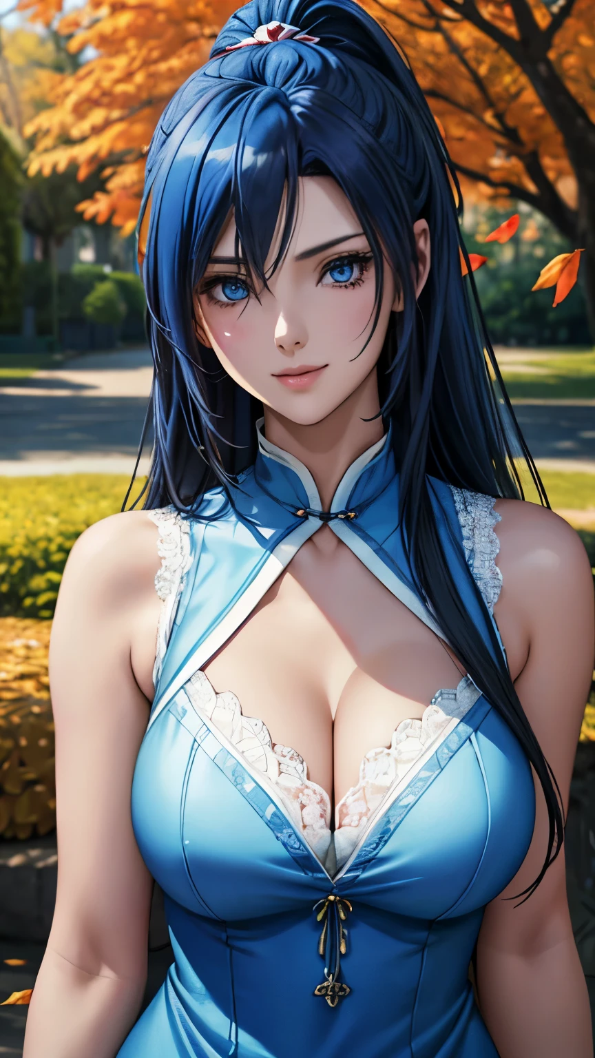 blue eyes, (highest quality, masterpiece painting:1.3), mature woman, 20 years old, (half body shot), masterpiece, ultra high resolution, (Photoreal:1.0), blue hair, side ponytail, beautiful shining hair, white and shining skin, ((Ultra realistic details)), octane rendering, highly detailed face, (big breasts:0.8),(sexy and cute cheongsam,red and white contrast outfit,delicate decoration:1.2), open neckline, (necklace:1.0),cleavage, perfect body, soft skin, anime face, perfect face, perfect eyes, looking at the viewer, smart, Under autumn leaves tree background, Autumn leaf petals are falling, outdoors,shrine, sharp focus, intricate details, professional artwork, (bright colors:1.1), bright colors, diffused lighting, digital blending, ultra-definition body, ultra detail hair, super detailed face, that&#39;It&#39;s trending on pixiv, top button open, Cute gaze, compensate, perfect lips, perfect compensate, Ultra-precision coating, (light_smile:1.0), (Very embarrassed:0.8),