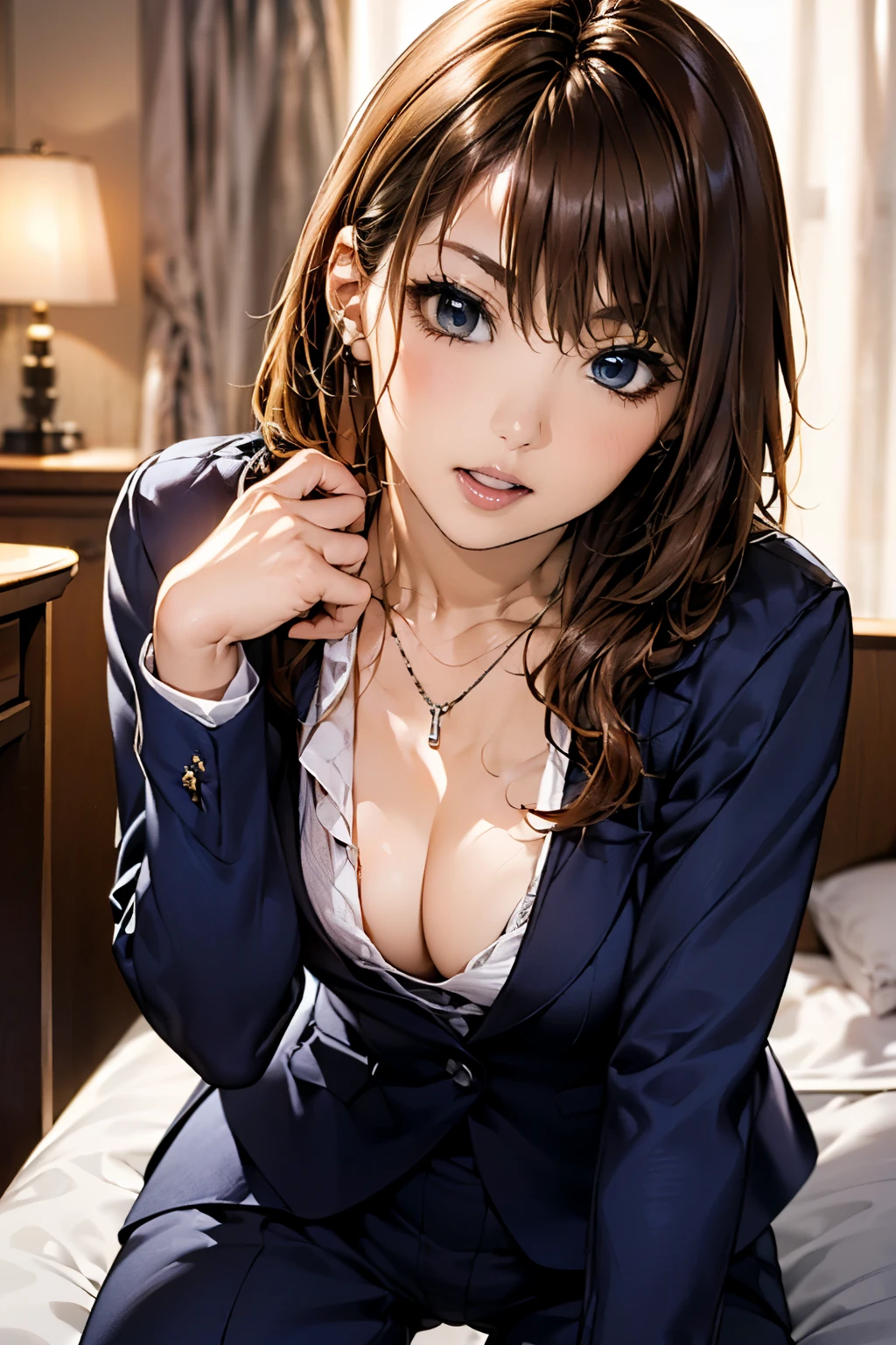 (masterpiece:1.2, highest quality), (realistic, photorealistic:1.4), beautiful illustrations, (natural side lighting, movie lighting), 
looking at the viewer, face focus, Upper body, 1 female, Japanese, perfect face, perfect body, Cute symmetrical face, shiny skin, baby , big breasts:1.4, hair between eyes, emerald green eyes, seductive thighs, thin, 
beautiful hair, beautiful face, thin and beautiful eyes, beautiful clavicle, beautiful body, beautiful breasts, beautiful thighs, beautiful feet, beautiful fingers, Are standing,(masterpiece:1.2, highest quality), (realistic, photorealistic:1.4), beautiful illustrations, 1 female, Japanese, ((brown hair, medium hair:1.5)), blown 髪, bangs, 髪 between eyes, big breasts, 
beautiful 髪, beautiful face, beautiful and detailed eyes, (blue eyes:1.3), beautiful clavicle, beautiful body, beautiful breasts, beautiful thighs, beautiful feet, beautiful fingers, (business hotel:1.4),
((suit jacket, pants suit:1.6, collared shirt)), 
(seductive pose:1.3)