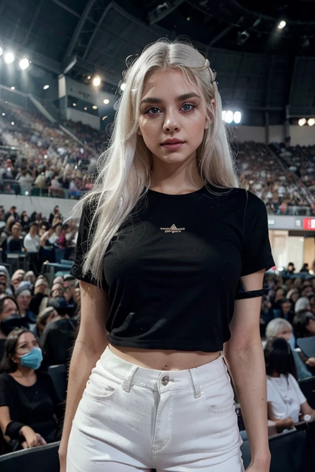 full body of a girl. Ella tiene unos ojos hermosos y detallados., hermosos labios detallados, cara extremadamente detallada, long eyelashes, caliente, Serene Expression, pelo blanco. she is at a concert in a black shirt and white pants