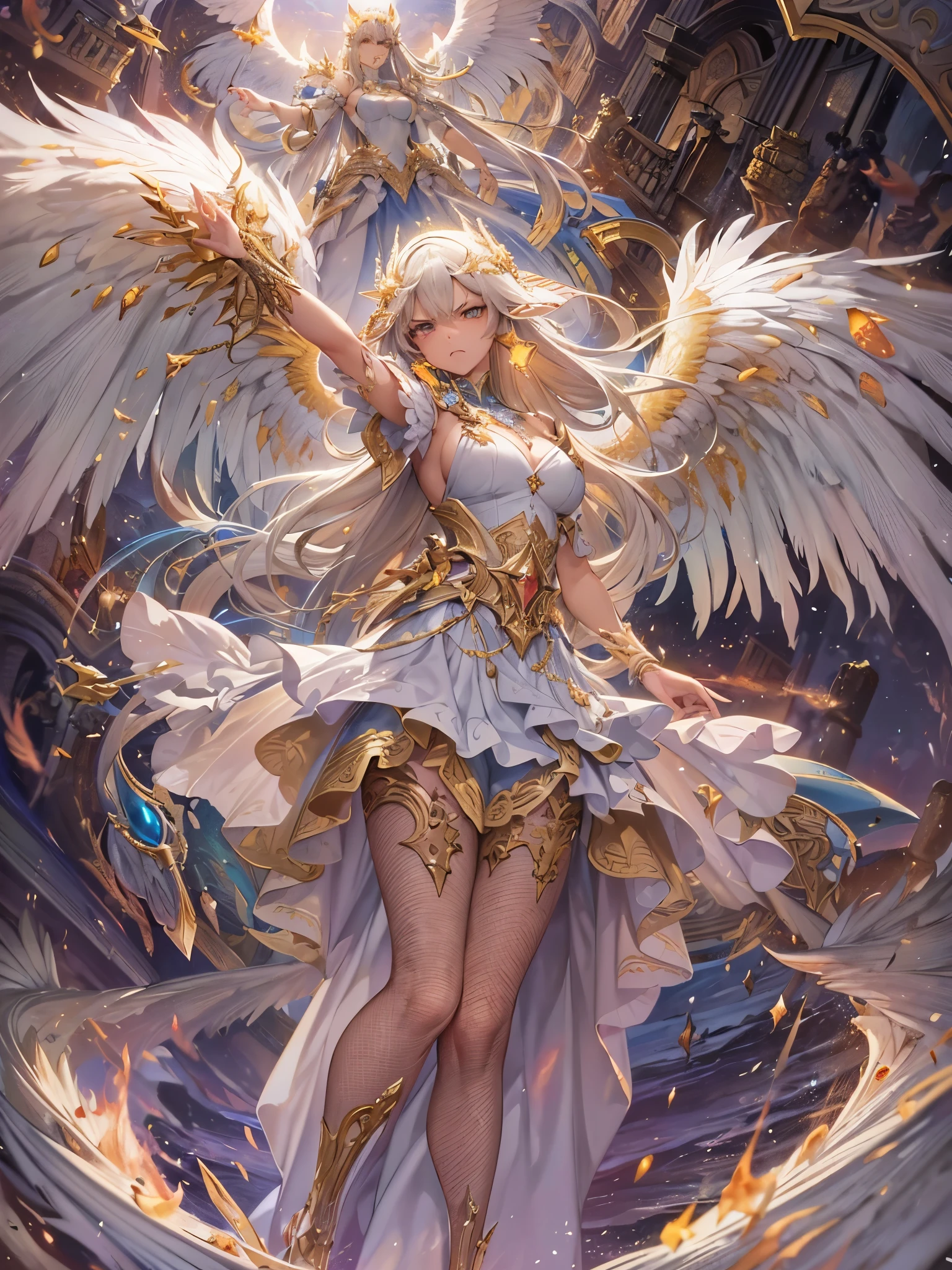 ((highest quality)),(ultra high resolution),(Super detailed),(detailed description),((best CG)),(best work of art),super precision art,amazing drawing art,(Fantasy art with precise details:1.5), (Female angels:1.6),(angry face:1.5),(Big wings of light that envelop her:1.5),powerful flapping of wings,Dancing, shining feathers,sword,gun,mallet, god々anger,Burning Sun,conviction,Demons,The earth trembles violently