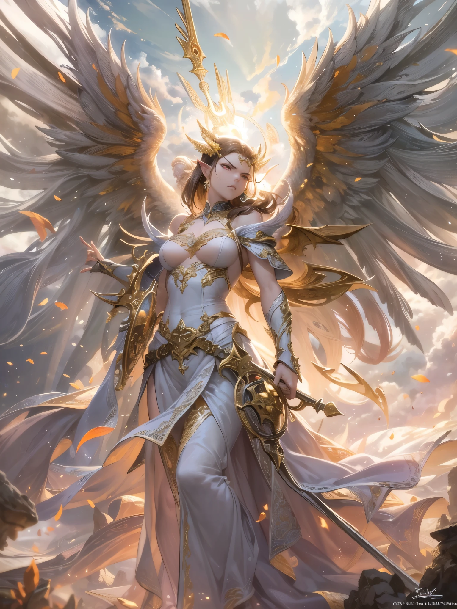 ((highest quality)),(ultra high resolution),(Super detailed),(detailed description),((best CG)),(best work of art),super precision art,amazing drawing art,(Fantasy art with precise details:1.5), (Female angels:1.6),(angry face:1.5),(Big wings of light that envelop her:1.5),powerful flapping of wings,Dancing, shining feathers,sword,gun,mallet, god々anger,Burning Sun,conviction,Demons,The earth trembles violently