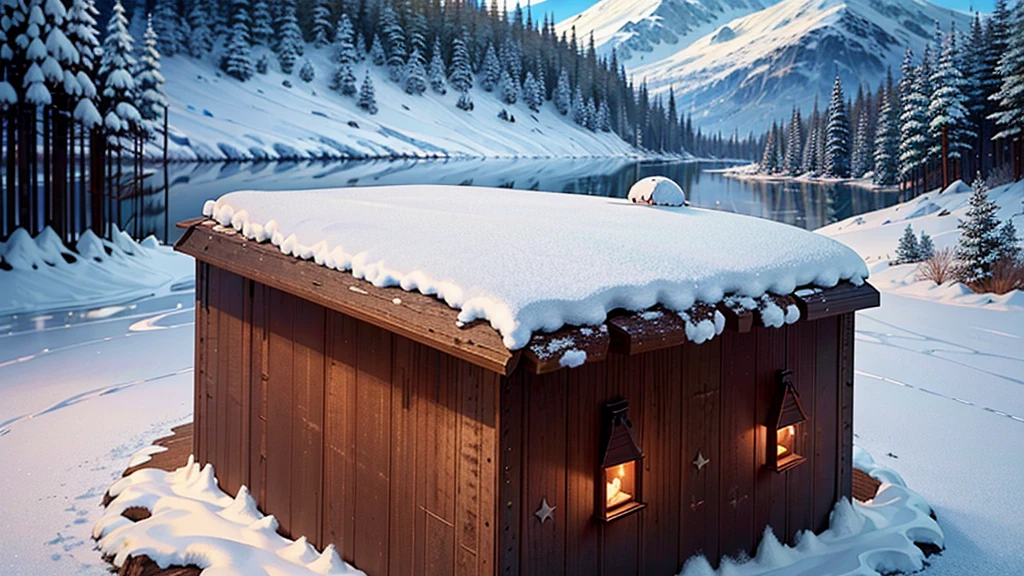 beautifully covered in snow. The cabin is made of wood, with a cozy fireplace inside. The lake is completely frozen, creating a serene and tranquil atmosphere. The sky is clear and filled with stars, adding to the magical ambiance. The surrounding mountains are majestic, with their peaks towering in the distance. The colors in the image are vivid and vibrant, showcasing the beauty of the winter landscape. The lighting is soft and warm, casting a gentle glow on the cabin and its surroundings. The image is incredibly detailed, capturing every intricate pattern in the snow and the texture of the wood. The overall style of the image is realistic and captures the essence of a winter wonderland.