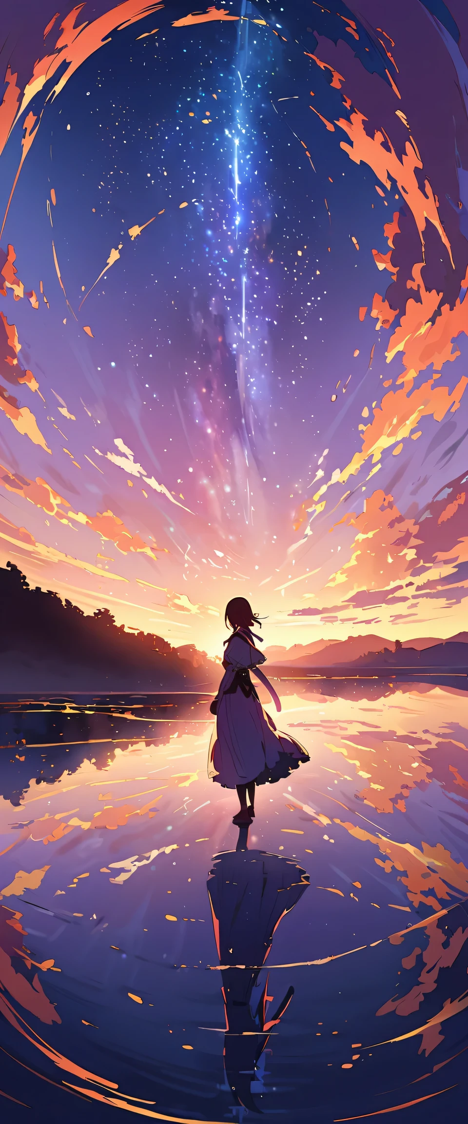 ((best quality)), ((masterpiece)), ((super wide angle)),evening, a woman is,Standing in the salt lake,The water surface is like a mirror,reflecting the sky。look at sky,Milky Way in the sky。