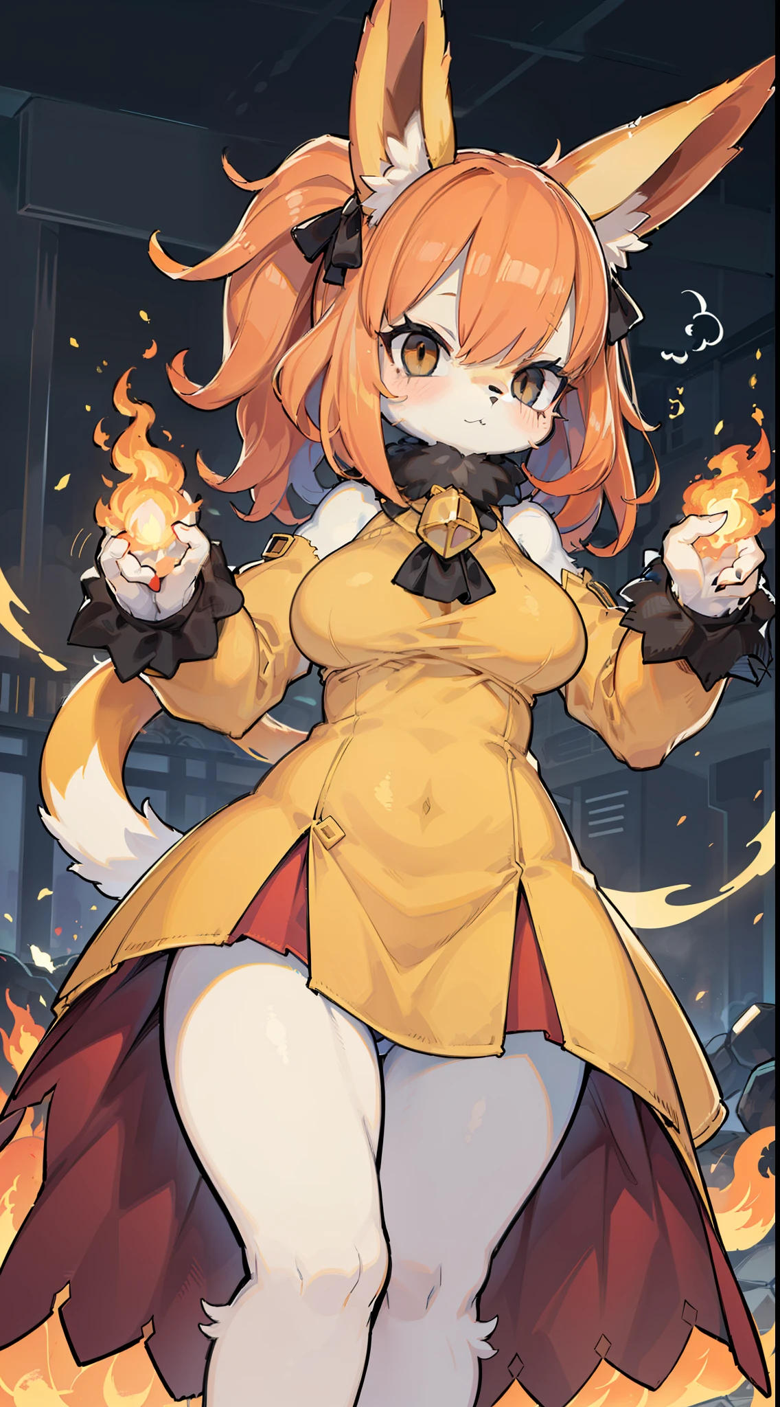 masterpiece, best quality, HD, ultra-detailed, 1girl, vivid colors, Pokémon Flareon, Red Eevee, Flame pokemon, Fire pokemon, (furry:1.35), humanoid, humanization, anthropomorphic, on 2 legs, beautiful detailed (black eyes), big (black eyes), Fire and flames environment, fire palette, fluffy flaming ((yellow tail)) and (red colored ears), ((black inside ears)), (fluffy (deep red) flame fire red colored skin and fur), detailed (flame yellow) hair color, beautiful ((fashionable hairstyle, tuft hairstyle, standing hairstyle, curled hair)), ((detailed red colored long fluffy dress)), , oppai, , ((yellow cloth neckband decoration)), sparks and flames fly from it in all directions, Action strong Pose