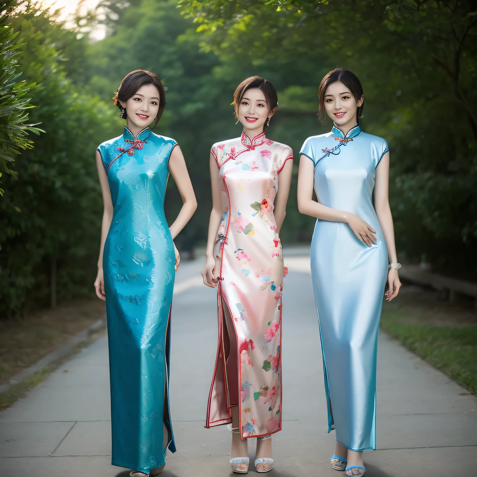 surreal scene，Showing body beauty，Cyan transparent cheongsam，seaside，Sunset，warm，Super-heeled sandals，high detail，High resolution，real human skin，Oval face，big breasts，Transparent clothes all over the body，depth of field，Natural light，Three dimensions stand out，flowers、plant，Smile，High score difference cheongsam，Long hair blowing in the wind，face camera，