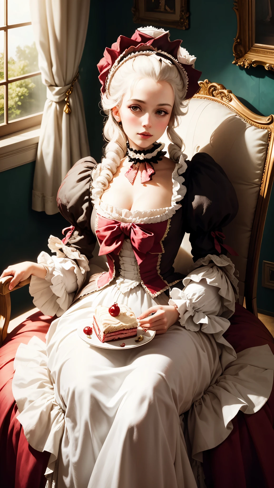 Marie Antoinette is sitting pretty and eating her cherry cake 