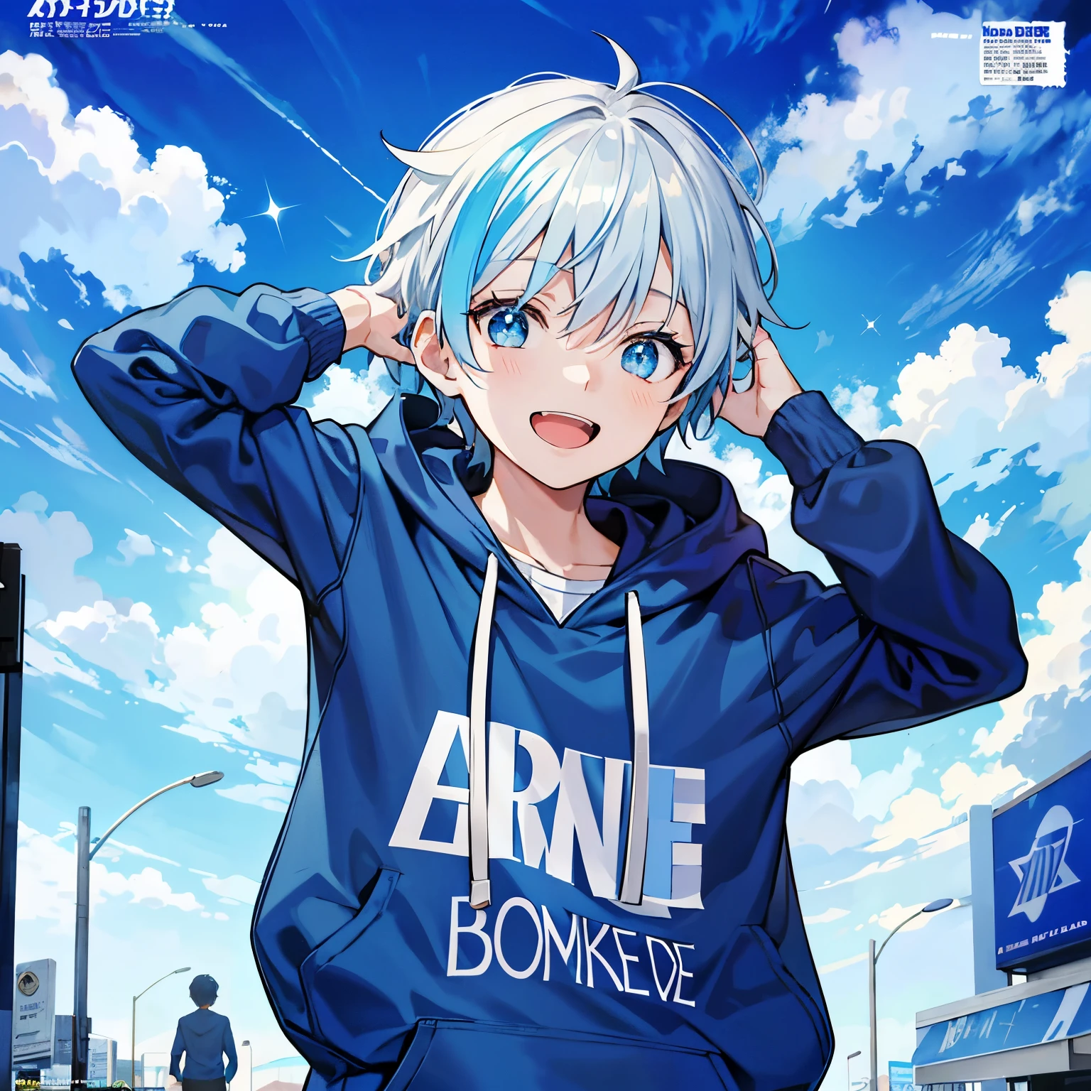 a boy, clad in a blue and white hoodie, exudes a cheerful expression as he gazes at the sky with sparkling blue eyes, (magazine:1.3), (cover-style:1.2), casual, boy, vibrant, outfit, posing, front, colorful, dynamic, background, clear, bright, sky, elements, joyful, expressive, looking up, straightforward, focus, daily life.