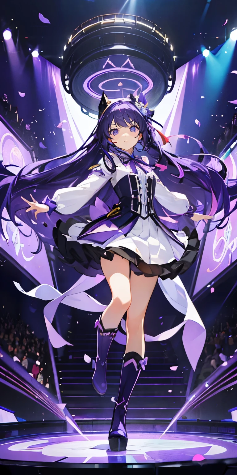 (pieces fly), (highest quality), very detailed, ((1 girl)), anime cute girl、solo full body shot,viewer'point of view,dancing,(smile),wink,perfect face, beautiful face, very detailedな顔,((purple hair_straight long hair_purple eyes:1.3)),Gorgeous idol costumes,Skirt with lots of frills,Idle only,Ribbon hair ornament,ribbon boots,knee high socks,concert dome,live,I have a microphone,sing,smile with your mouth wide open,laser light,Spotlight,Lots of confetti、A large amount of petals dance、Neon Light Up、glowing effect、raise one's legs high、dynamic pose、Lovely lingerie