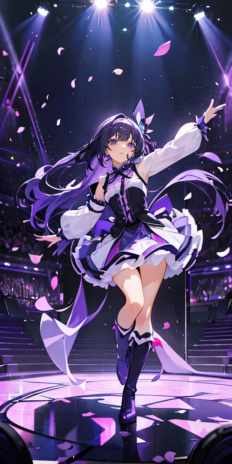 (pieces fly), (highest quality), very detailed, ((1 girl)), anime cute girl、solo full body shot,viewer'point of view,dancing,(smile),wink,perfect face, beautiful face, very detailedな顔,((purple hair_straight long hair_purple eyes:1.3)),Gorgeous idol costumes,Skirt with lots of frills,Idle only,Ribbon hair ornament,ribbon boots,knee high socks,concert dome,live,I have a microphone,sing,smile with your mouth wide open,laser light,Spotlight,Lots of confetti、A large amount of petals dance、Neon Light Up、glowing effect、raise one's legs high、dynamic pose、Lovely lingerie
