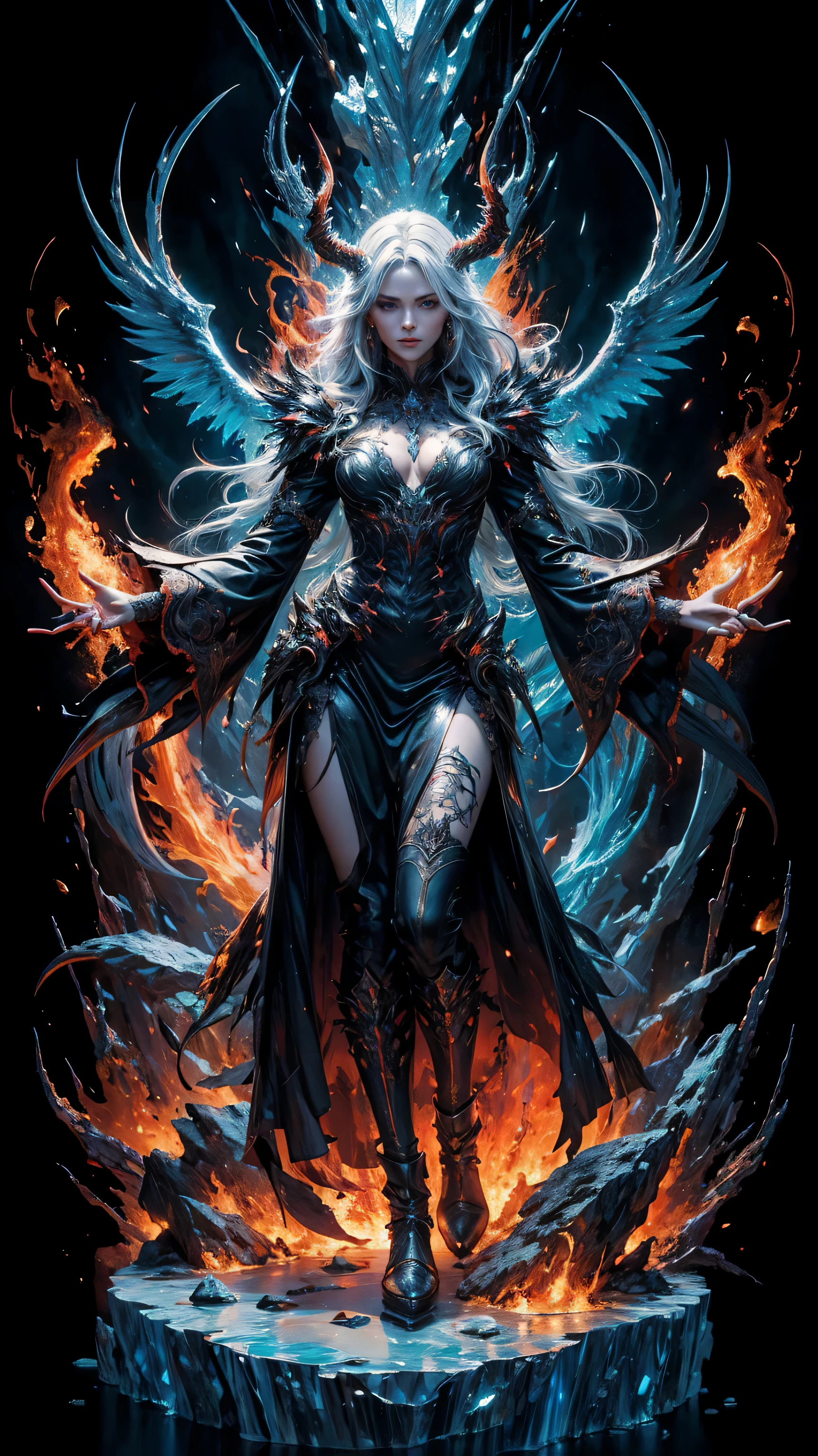 Full body portrait, (8k, RAW photo, highest quality), hyperrealistic, intricate abstract, intricate artwork, abstract style, striking portrait, menacing, otherworldly creature, [demoness:darkness:35], [flames:magma:40], with swirling flames cascading from its body, flaming wings, icy landscape, cold desolate, icy rocky , fearsome power and ethereal presence, non-representational, colors and shapes, expression of feelings, imaginative, highly detailed, extremely high-resolution details, photographic, realism pushed to extreme, fine texture, 4k, ultra-detailed, high quality, high contrast made of ral-blueresin ice