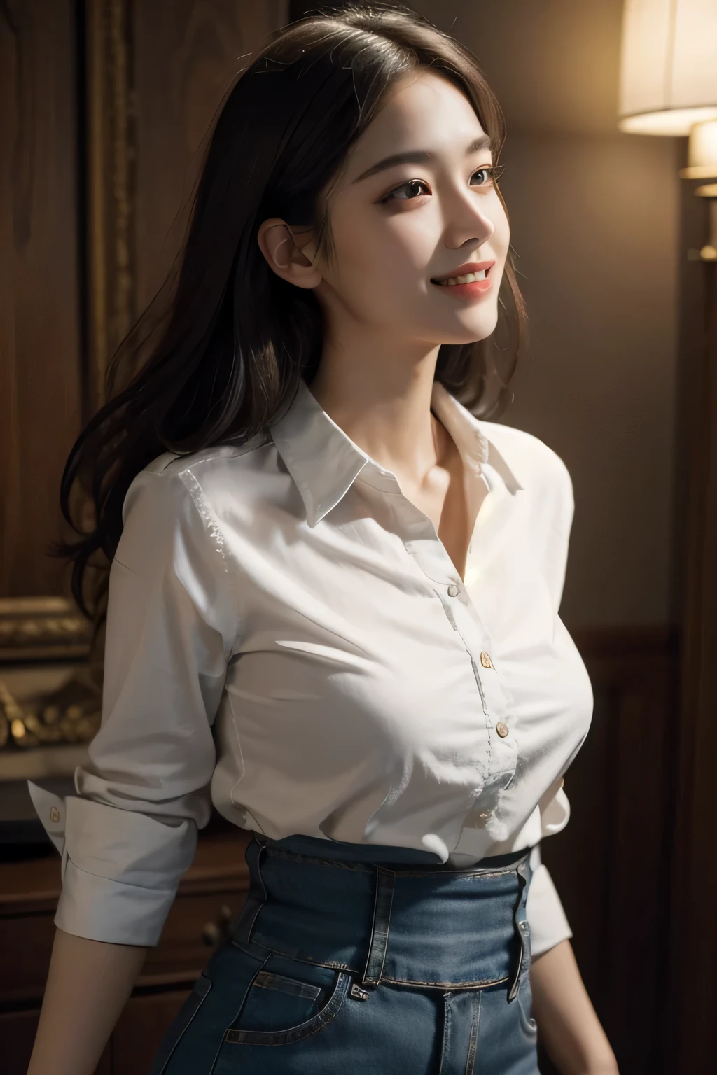 best quality, masterpiece, (photorealistic:1.4), 1girl, light smile, shirt with collars, waist up, dramatic lighting, from below