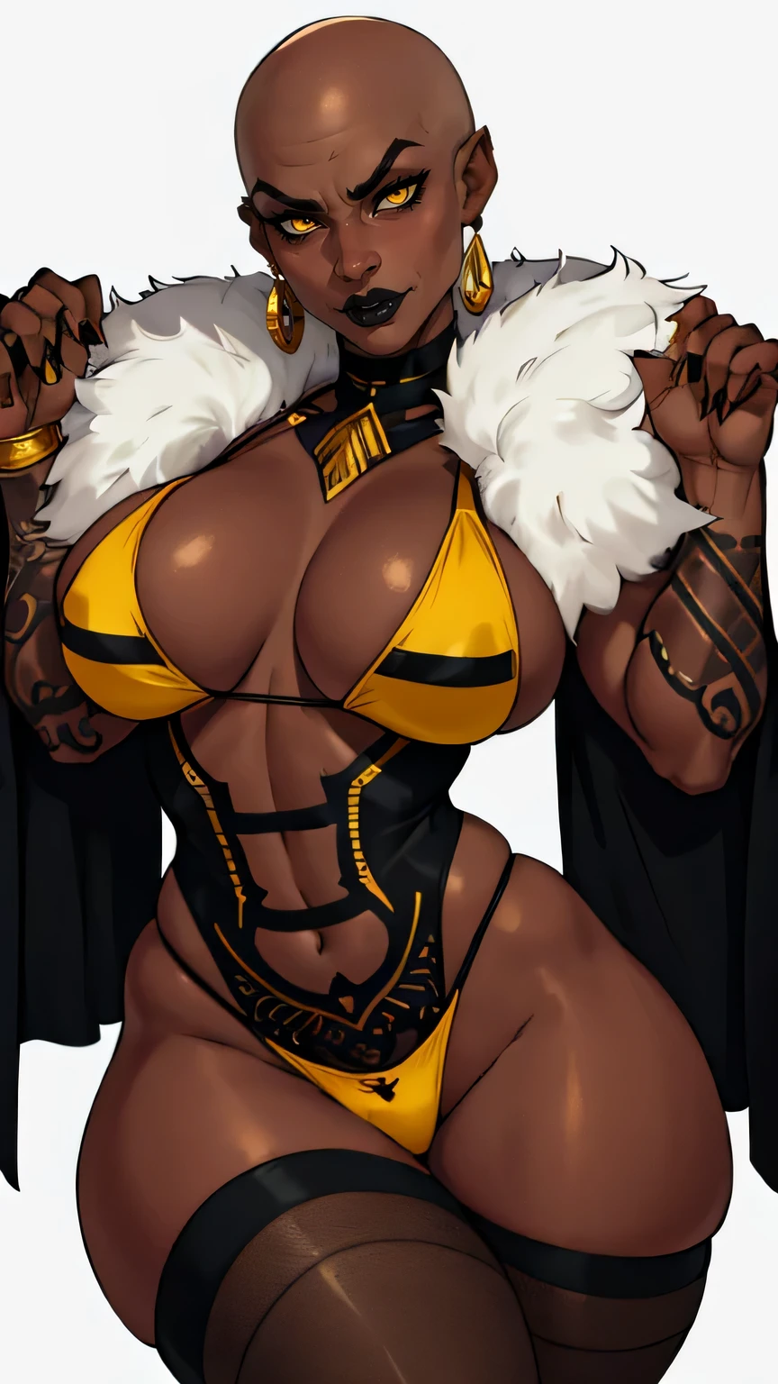 ewelry, thick thighs, wide hips, black lips, bald,bald, bald small breast, milf, yellow eyes, white blank background, mature,black fingernails, mother, perky breasts, tomboy, ebony skin, luxury, tattoos, strong, muscular, fishnet, empress gold design, open dress, seductive fur, face tattoo, queen, royalty, strong broad, stockings, bikini