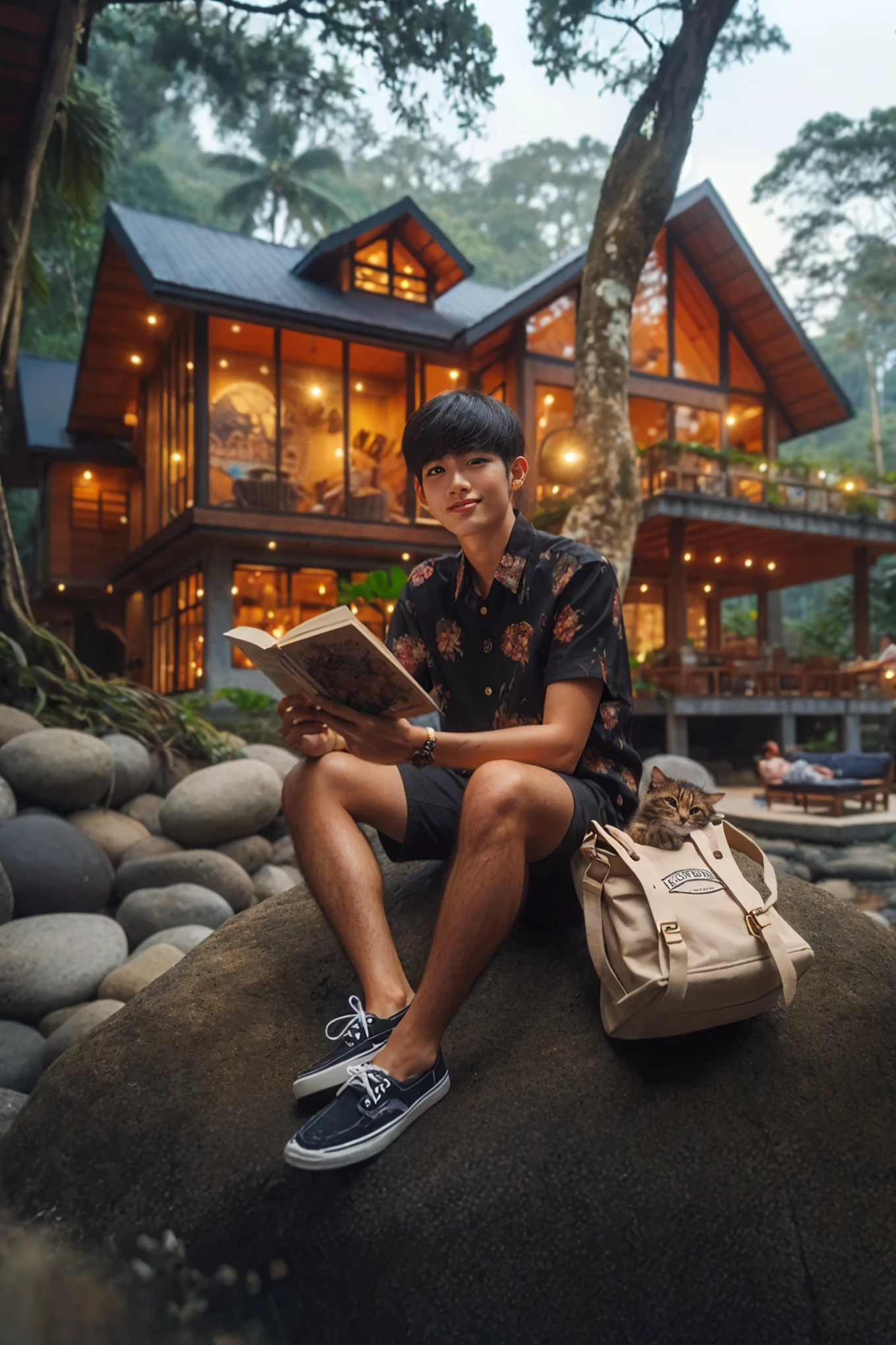 araffe sitting on a rock reading a book in front of a house, mid shot portrait, portrait shot, medium shot portrait, photo style of shawn paul tan, fanart, ✨🕌🌙, inspired by Erik Pevernagie, vacation photo, travel and adventure, inspired by Rudy Siswanto, traditional art, taken at golden hour, by Basuki Abdullah