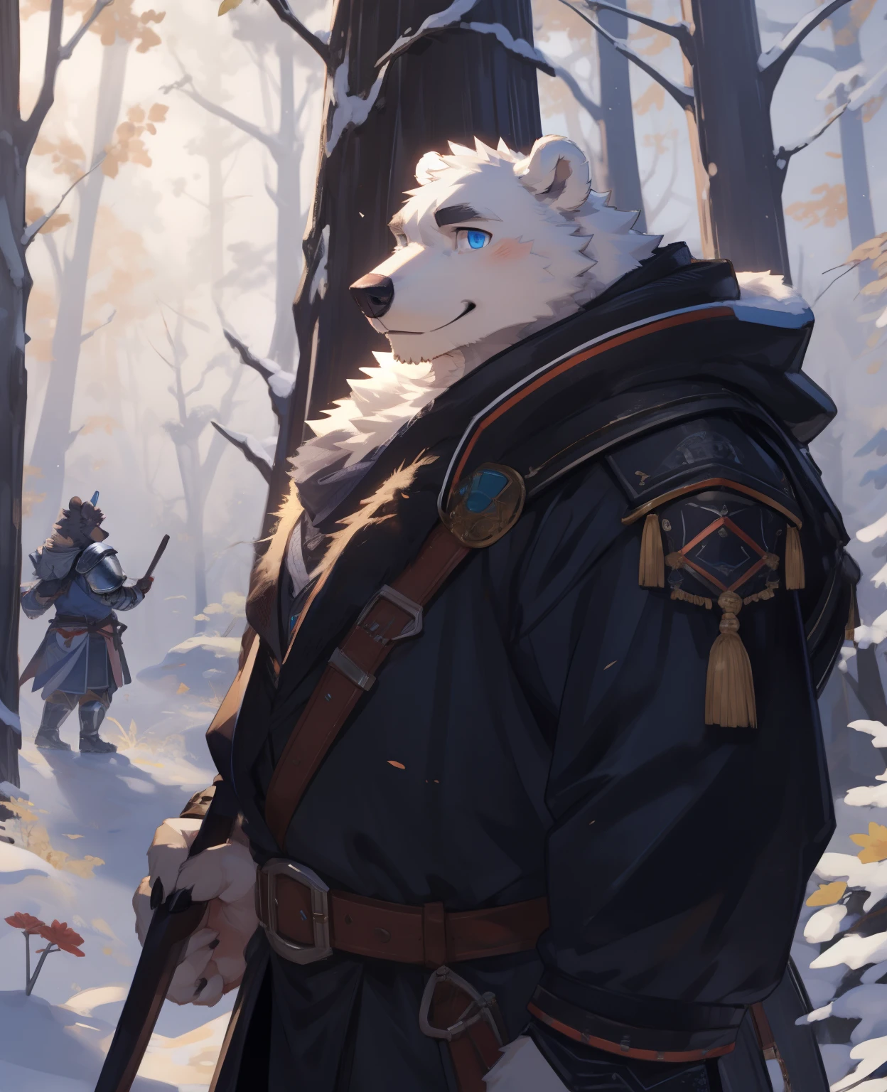 de尾巴ed anatomy, Humanity, ((polar bear| off-white | blue eyes)), male, alone, Kanno, Strong, tailed eyes, ,cheering,(( bracelet, Bard Armor)), bear tail, in the forest, Handheld organ, Smile, by bebebebebe, by zackary911,