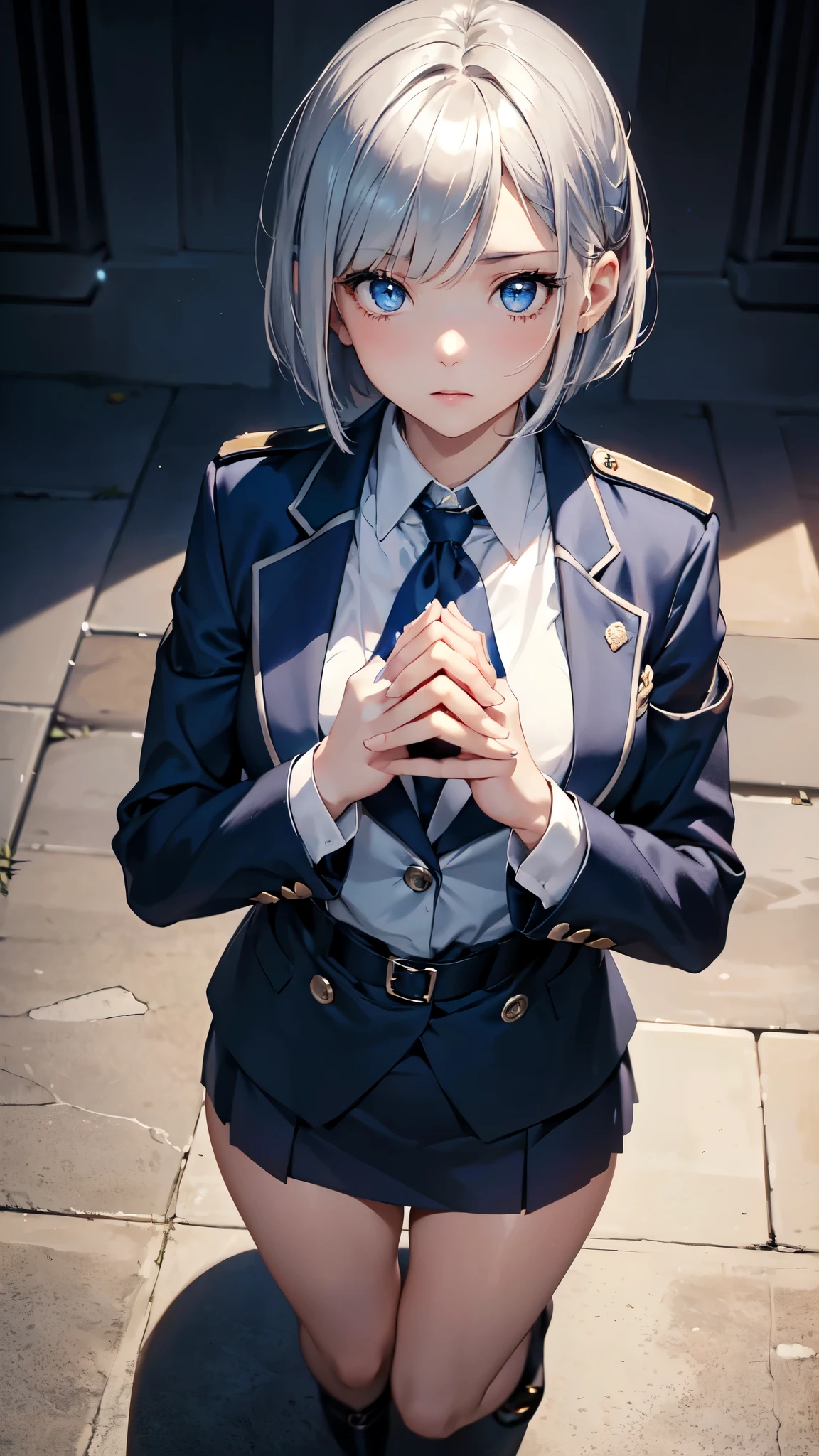 masterpiece、8K、one girl、((charming girl))、19 years old、silver hair、bob cut、blue eyes、from the front、look up here、I'm embarrassed、from thighs to head、put both hands on the chest、sparkling eyes、very detailed eyes、Blazer-type uniform、aerial perspective、((well-ordered hands))、((5 fingers))、