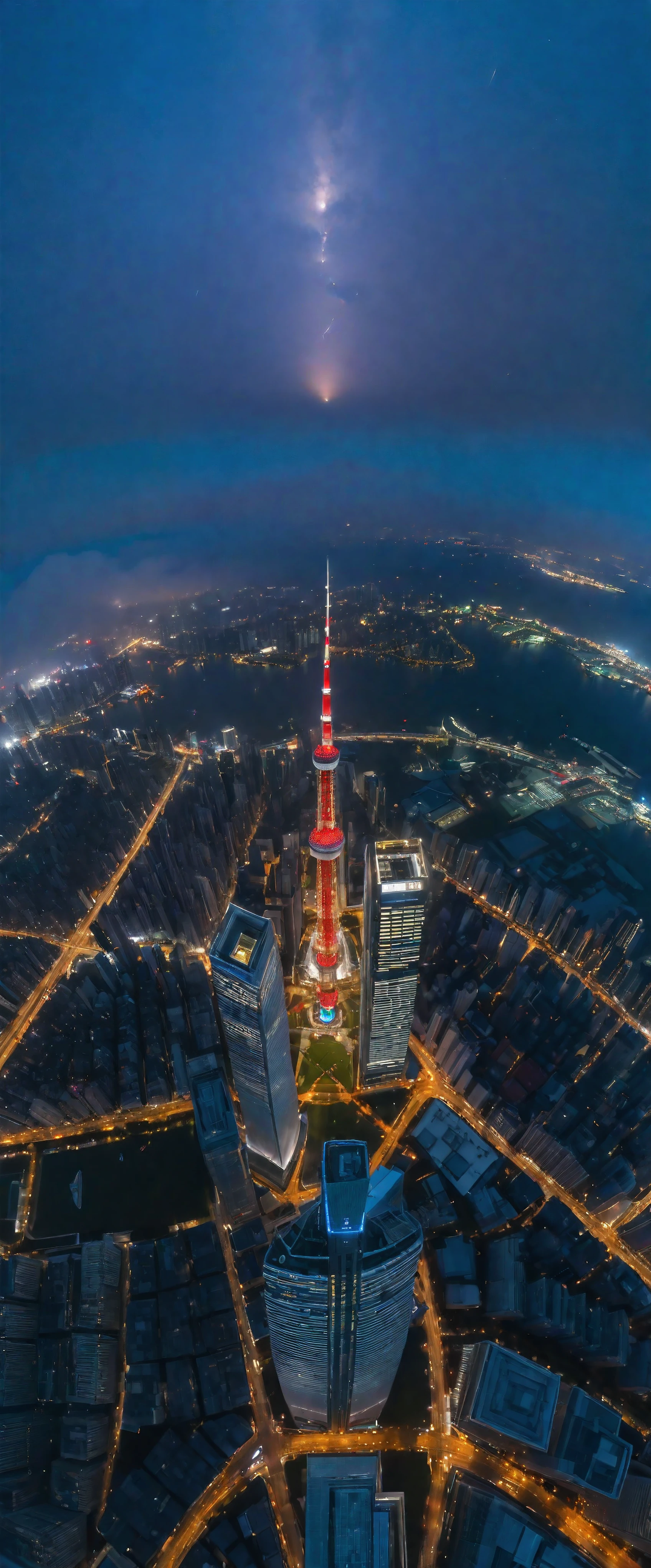 Aerial view of Towering skysraper in a city at night, city lights, asymmetric skyscraper, (ultra wide angle:1.5), ((fisheye lens photo)"1.2), ((Aerial view):1.2), ((sense of extreme height):1.1), highly detailed city at night background, (fog), Coexistence with the surrounding environment, extremely detailed city background, wild sakura park, red maple park, beautiful landscape, extremely detailed, depth of field, best quality, masterpiece, high resolution, Hyperrealistic, 8K, top-view, high angle view, BlueColor Palette.

Rendered in ultra-high definition with UHD and retina quality, this masterpiece ensures super detail. 

With a focus on high quality and accuracy, this award-winning portrayal captures every nuance in stunning 16k resolution, immersing viewers in its lifelike depiction. Avoid extreme angles or exaggerated expressions to maintain realism.

((perfect_composition, perfect_design, perfect_layout, perfect_detail, ultra_detailed)), ((enhance_all, fix_everything)), More Detail, Enhance.