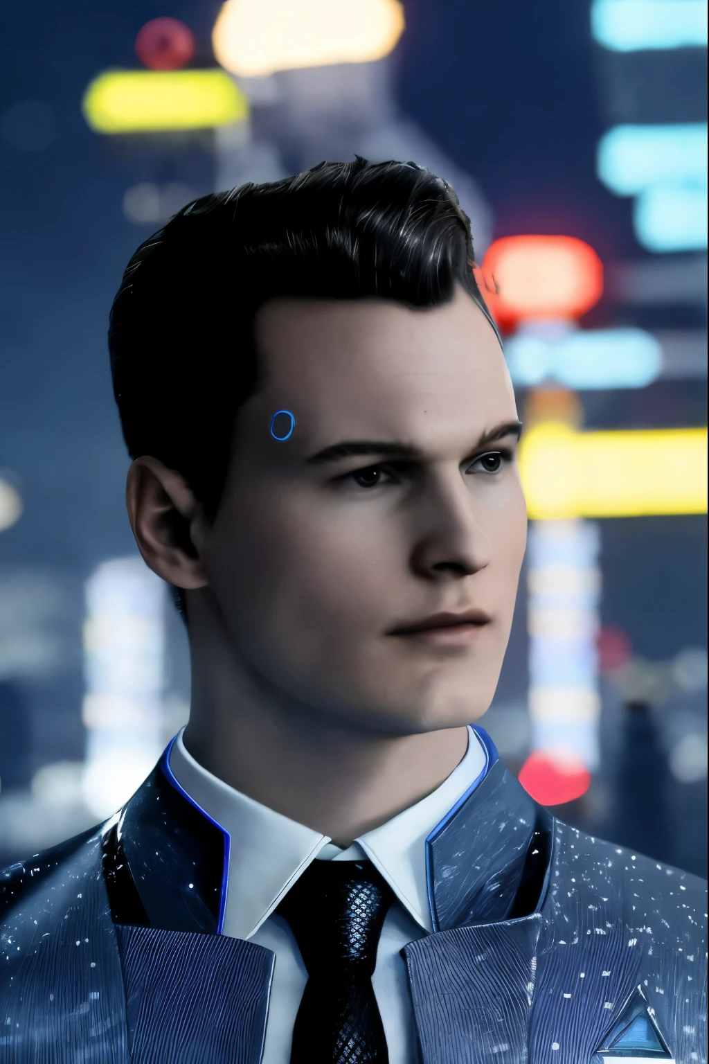 In this high-fashion photoshoot, Connor from Detroit: Become Human strikes a powerful and dynamic pose that exudes confidence and charisma. Against a backdrop of sleek, futuristic architecture and neon lights, Connor stands tall, embodying the perfect balance of sophistication and cutting-edge style.
His outfit consists of a form-fitting, dark suit jacket with futuristic silver accents, paired with tailored trousers that highlight his strong, athletic build. Connor's piercing blue eyes, framed by his precisely styled hair, gaze directly into the camera with an intense and captivating expression.
In one shot, Connor leans against a futuristic motorcycle, showcasing his strength and agility, while another captures him walking briskly down a neon-lit street, emanating an air of determination and focus. Additional poses include a heroic stance with his cybernetic arm extended, displaying its intricate design, and a contemplative moment with his hand on his chin, highlighting his analytical nature.
Each pose accentuates Connor's unique blend of human and android features, emphasizing his otherworldly appeal and undeniable charm. This series of striking model poses captures Connor's versatility and irresistible allure, as he effortlessly transitions between action-packed and introspective shots, leaving a lasting impression on all who witness his stunning presence.