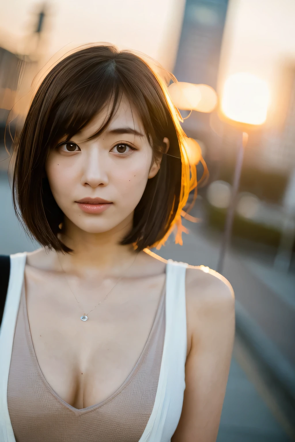 ((highest quality)), ((masterpiece)), (get used to it), perfect face、Japanese、masterpiece, highest quality, 8K, 1 girl, Downtown at dusk、22 years ago, cleavage、Glamour、mouth is slightly open, cute, alone, sad, Clothes that look good in autumn, cute, delicate girl, pure beauty, Raw photo, professional photography, portrait, soft light, professional lighting, Backlight, Upper body, see the beholder, Sophisticated, film grain, (Eye and face details:1.0), Short hair swaying in the wind, beautiful flowing brown hair, bangs
