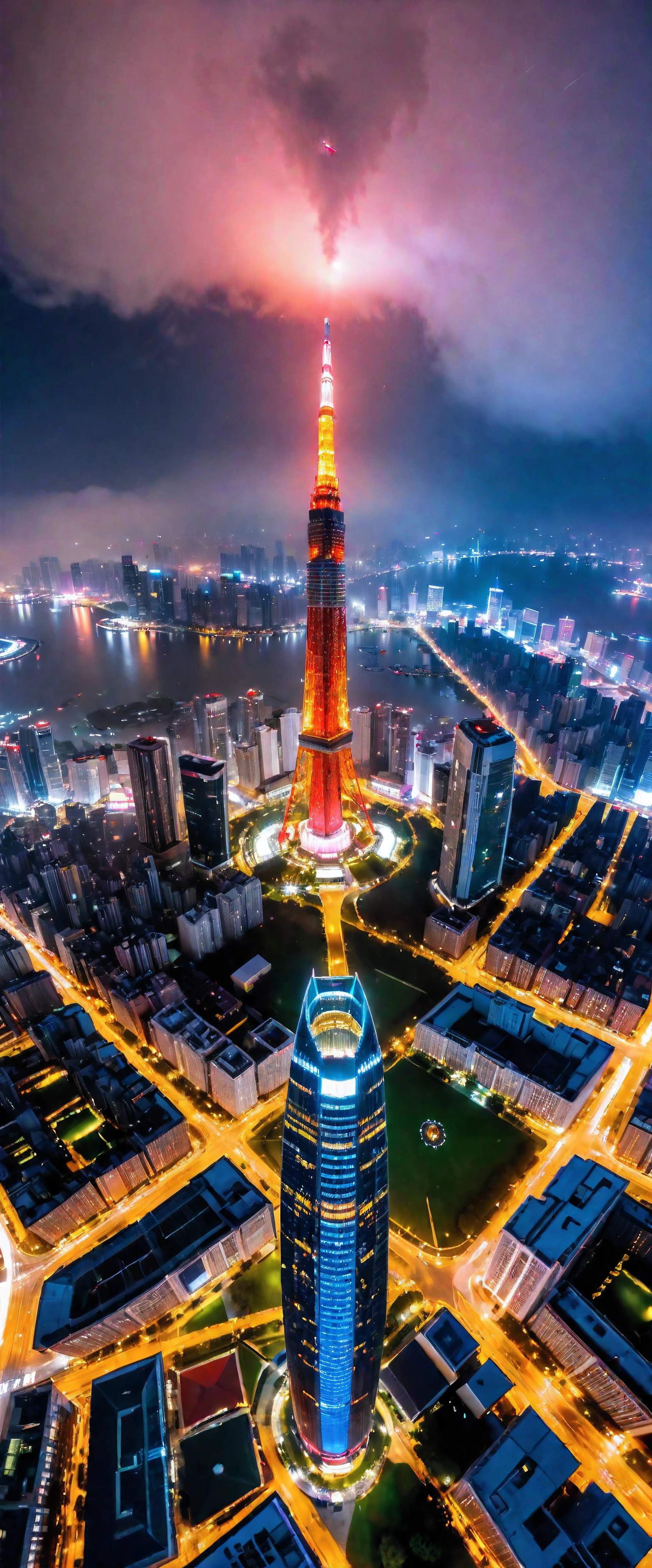 Aerial view of Towering skysraper in a city at night, city lights, asymmetric skyscraper, (ultra wide angle:1.5), fisheye lens photo, ((Aerial view):1.2), ((sense of extreme height):1.1), highly detailed city at night background, (fog), Coexistence with the surrounding environment, extremely detailed city background, wild sakura park, red maple park, beautiful landscape, extremely detailed, depth of field, best quality, masterpiece, high resolution, Hyperrealistic, 8K, top-view, high angle view, BlueColor Palette.

Rendered in ultra-high definition with UHD and retina quality, this masterpiece ensures super detail. 

With a focus on high quality and accuracy, this award-winning portrayal captures every nuance in stunning 16k resolution, immersing viewers in its lifelike depiction. Avoid extreme angles or exaggerated expressions to maintain realism.

((perfect_composition, perfect_design, perfect_layout, perfect_detail, ultra_detailed)), ((enhance_all, fix_everything)), More Detail, Enhance.