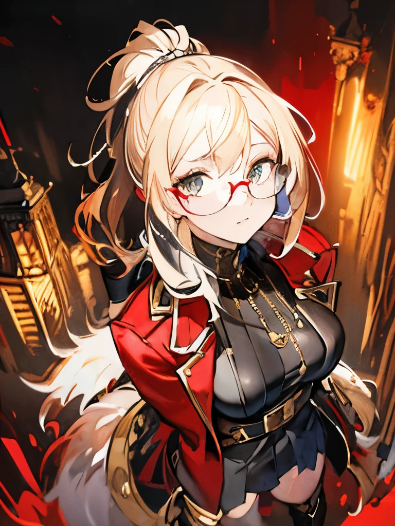 19th century london background, artstation trends, 8K resolution, highly detailed, anatomically correct, sharp images, digital painting, concept art, solo, female, from above, bust shot, dynamic pose, detective hat, blonde hair, ponytail, black glasses, golden eyes, brown rider's jacket, white turtleneck, gray skirt, red stockings, large black fur bag, red boots, with jewelry, glowing jewelry,