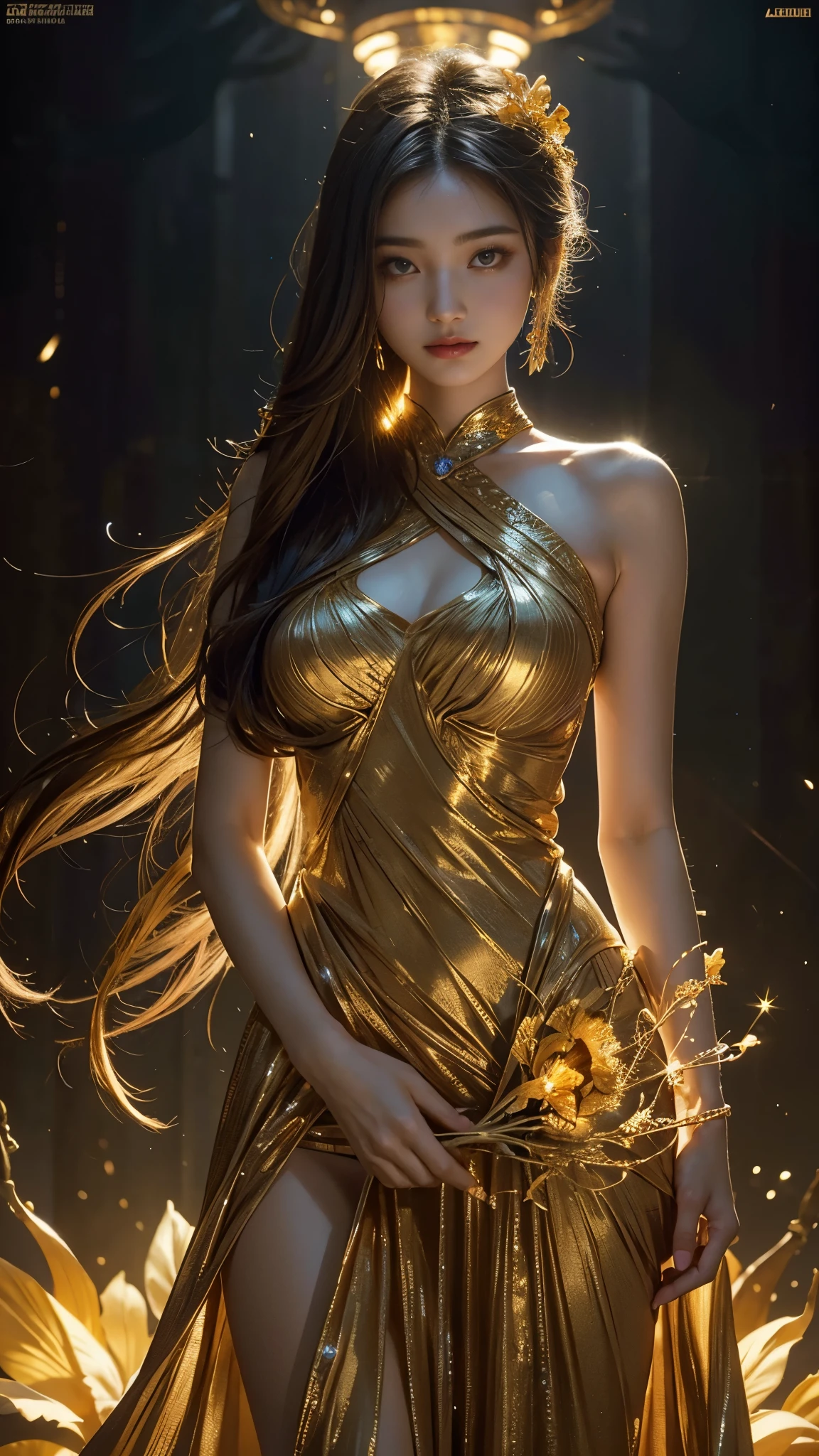 Full figure, seven -clinging shooting, 18 years old, wearing transperent science fiction dress, exquisite faces, details, hands, ultimate details, amazing magnificence, LED internal lighting, Pedaipan style, fiber hair, glowing golden iris, glowing golden iris,