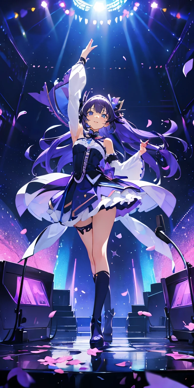 (pieces fly), (highest quality), very detailed, ((1 girl)), anime cute girl、solo full body shot，viewer&#39;point of view，dancing，(smile)，wink，perfect face, beautiful face, very detailedな顔，((purple hair_straight long hair_Bright blue eyes:1.3))，Gorgeous idol costumes，Skirt with lots of frills，Idle only，Ribbon hair ornament，ribbon boots，knee high socks，concert dome，live，I have a microphone，sing，smile with your mouth wide open，laser light，Spotlight，Lots of confetti、A large amount of petals dance、Neon Light Up、glowing effect､raise one&#39;s legs high、dynamic pose、I can see cute lingerie