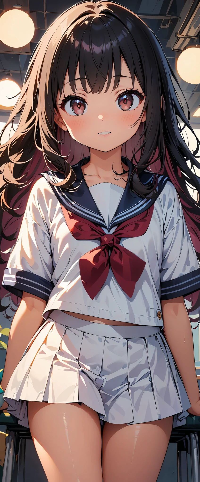 concept:beautiful woman portrait。 quality:NSFW, (最高quality, 4k, High resolution, masterpiece:1.2), Super detailed, (animeスタイル, anime:1.37), lighting effects:strong contrast, Bright colors and mesmerizing effects, Soft and delicate lighting, gentle shine, Subject information:alone, ((girl child)), (round eyes, don't draw the eyelids:1.2), (small face), (high detail skin:1.2), long eyelashes, glossy lips, (black hair, long hair, reddish brown eyes), (slim body shape), Highly detailed face and skin texture, (Joyful), (sailor suit), droopy eyes, facing the front, cowboy shot:1.2, seductive thighs, Other details:school classroom:1.5, beautiful skin, shiny skin, perfect fingers, five fingers, anatomically correct, background bokeh, 50㎜, f/1.4, photo shoot,