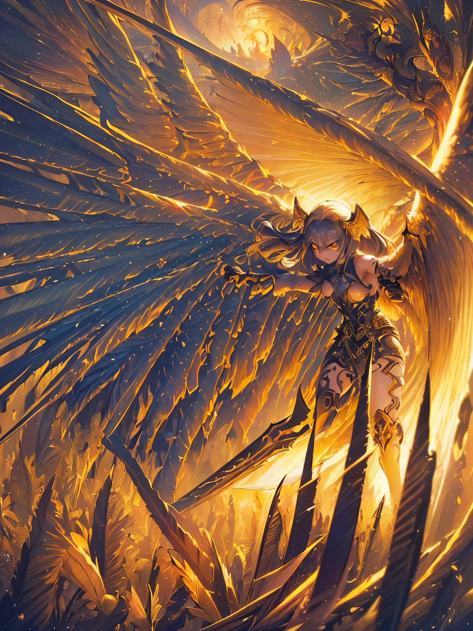 ((highest quality)),(ultra high resolution),(Super detailed),(detailed description),((best CG)),(best work of art),super precision art,amazing drawing art,(Fantasy art with precise details:1.5), (Female angels:1.6),(angry face:1.5),(Big wings of light that envelop her:1.5),powerful flapping of wings,Dancing, shining feathers,sword,gun,mallet,((dynamic pose:1.7)), 