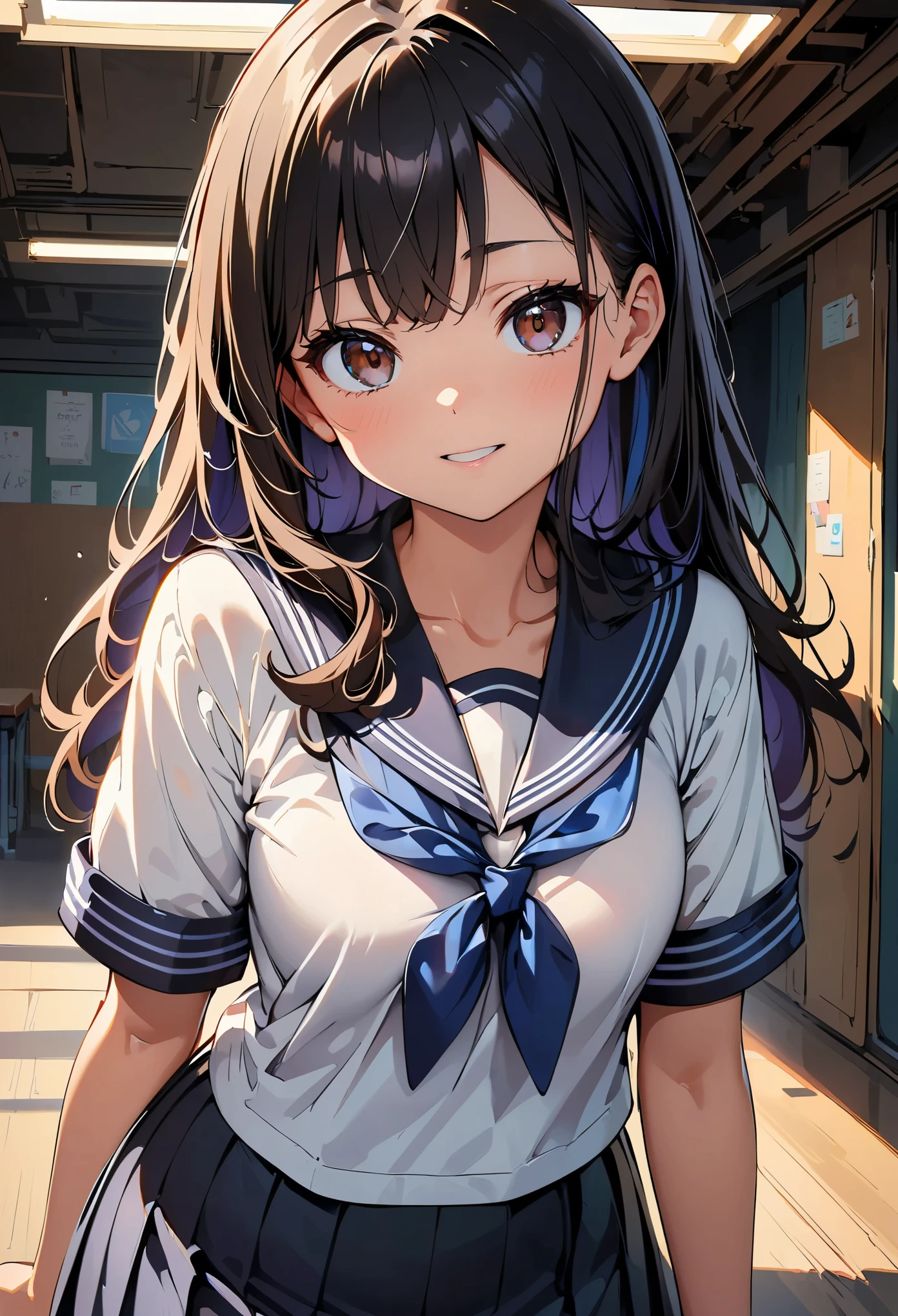 concept:beautiful woman portrait。 quality:NSFW, (最高quality, 4k, High resolution, masterpiece:1.2), Super detailed, (animeスタイル, anime:1.37), lighting effects:strong contrast, Bright colors and mesmerizing effects, Soft and delicate lighting, gentle shine, Subject information:alone, (()), (round eyes), (small face), (high detail skin:1.2), long eyelashes, glossy lips, (black hair, long hair, reddish brown eyes), (slim body shape), Highly detailed face and skin texture, (Joyful), (sailor suit), droopy eyes, facing the front, cowboy shot:1.2, seductive thighs, Other details:school classroom:1.5, beautiful skin, shiny skin, perfect fingers, five fingers, anatomically correct, background bokeh, 50㎜, f/1.4, photo shoot,
