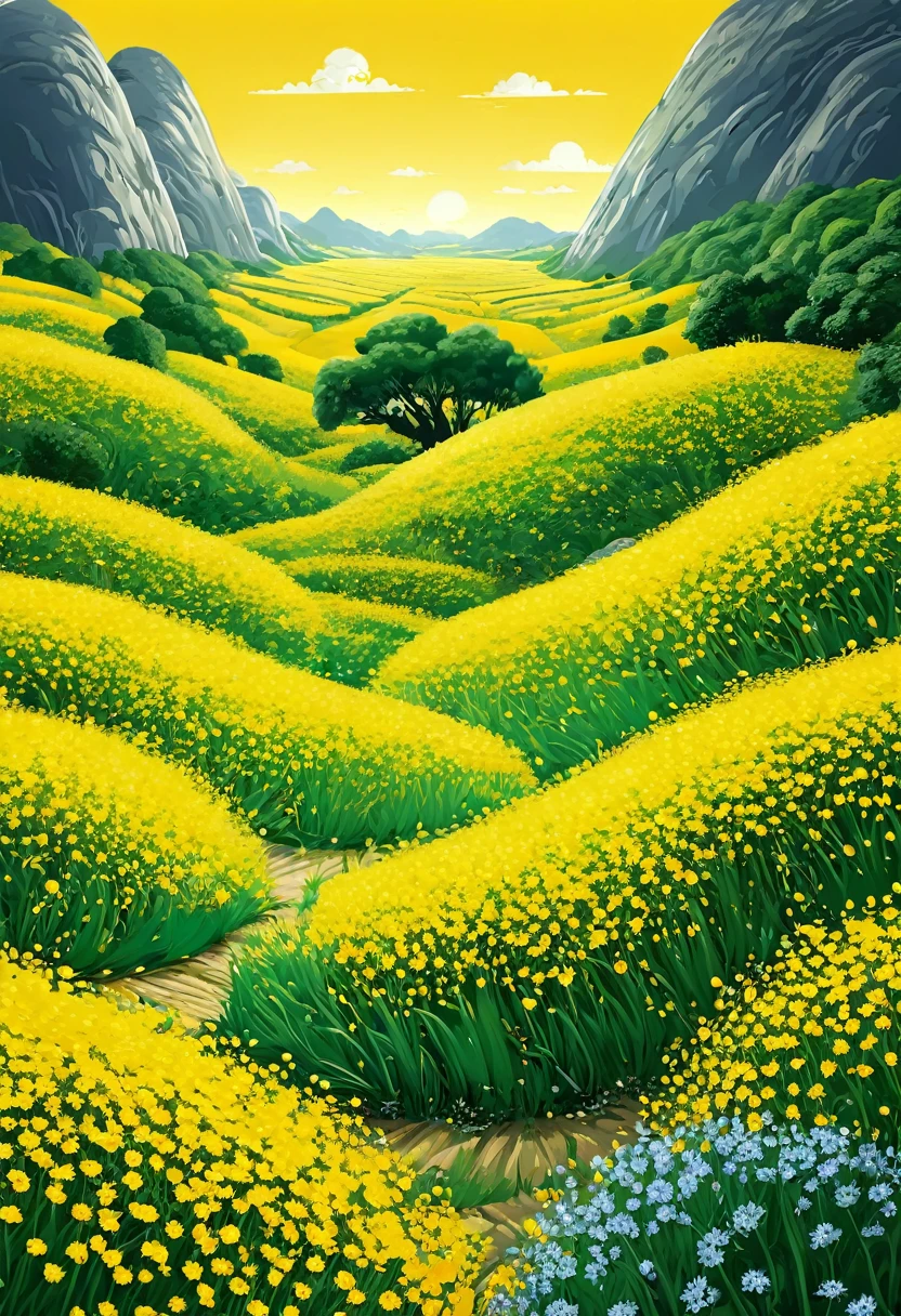 Top view (Vector minimalist)The vast, ultra-wide-angle scene and the gorgeous rapeseed field’s ultra-wide-angle scenery can shock the audience.、Feel the splendor and openness of nature in the vast field of vision and the infinite possibilities of nature, the vastness of the movie scenes, the intricate art and super detailed、Exquisite and beautiful、masterpiece、Quality content is very detailed、Dynamic perspective high-definition high-quality art work by Master Jia