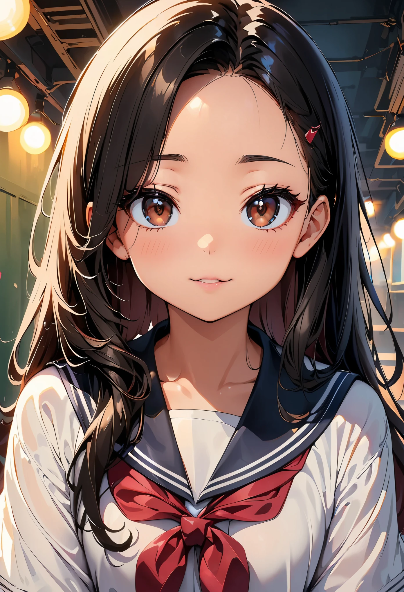 concept:beautiful woman portrait。 quality:NSFW, (最高quality, 4k, High resolution, masterpiece:1.2), Super detailed, (animeスタイル, anime:1.37), lighting effects:strong contrast, Bright colors and mesmerizing effects, Soft and delicate lighting, gentle shine, Subject information:alone, ((girl child)), (round eyes), (small face), (high detail skin:1.2), long eyelashes, glossy lips, (black hair, long hair, reddish brown eyes), (slim body shape), Highly detailed face and skin texture, (Joyful), (sailor suit), droopy eyes, facing the front, seductive thighs, Other details:school classroom:1.5, beautiful skin, shiny skin, perfect fingers, five fingers, anatomically correct, background bokeh, 300㎜, f/4, photo shoot,