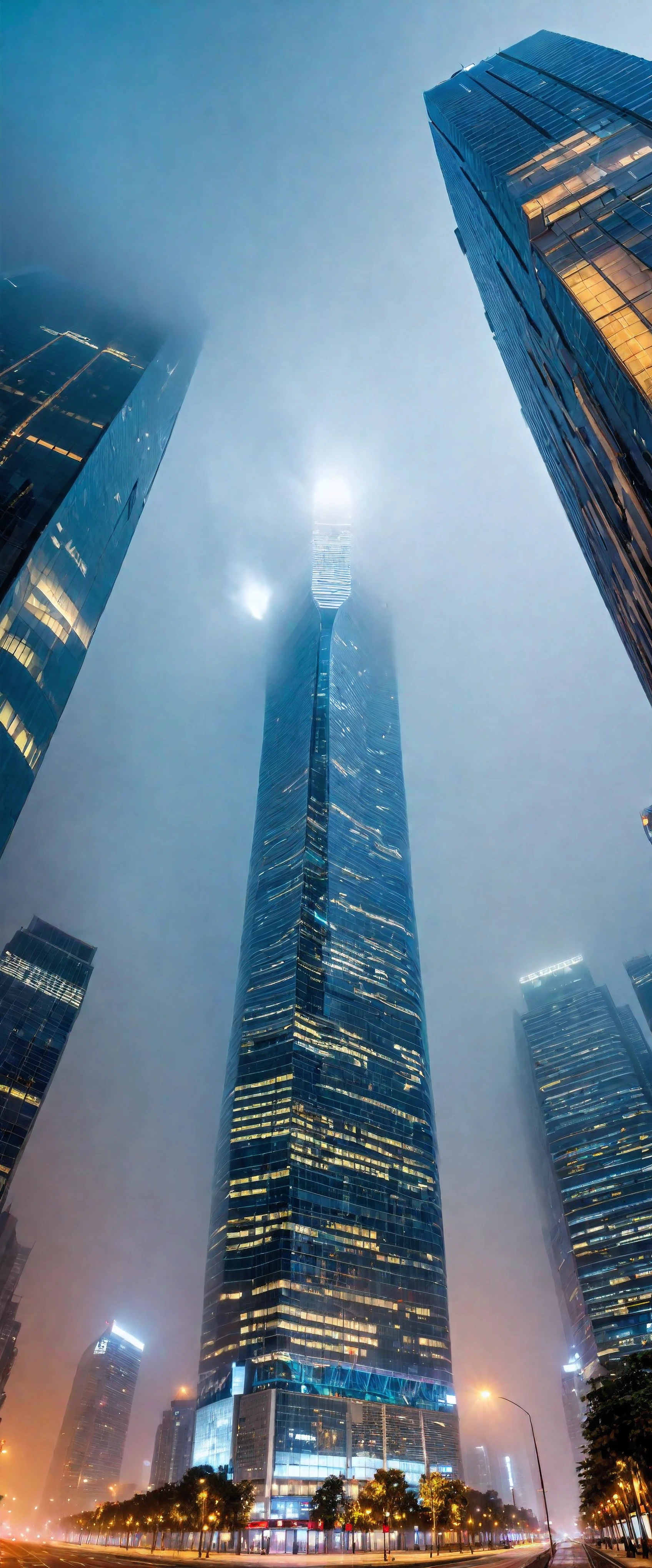Aerial view of Towering skysraper in a city at night, city lights, asymmetric skyscraper, (ultra wide angle:1.5), fisheye lens photo, ((Aerial view):1.2), ((sense of extreme height):1.1), highly detailed city at night background, (fog), Coexistence with the surrounding environment, extremely detailed city background, wild sakura park, red maple park, beautiful landscape, extremely detailed, depth of field, best quality, masterpiece, high resolution, Hyperrealistic, 8K, top-view, high angle view, BlueColor Palette.

Rendered in ultra-high definition with UHD and retina quality, this masterpiece ensures super detail. 

With a focus on high quality and accuracy, this award-winning portrayal captures every nuance in stunning 16k resolution, immersing viewers in its lifelike depiction. Avoid extreme angles or exaggerated expressions to maintain realism.

((perfect_composition, perfect_design, perfect_layout, perfect_detail, ultra_detailed)), ((enhance_all, fix_everything)), More Detail, Enhance.