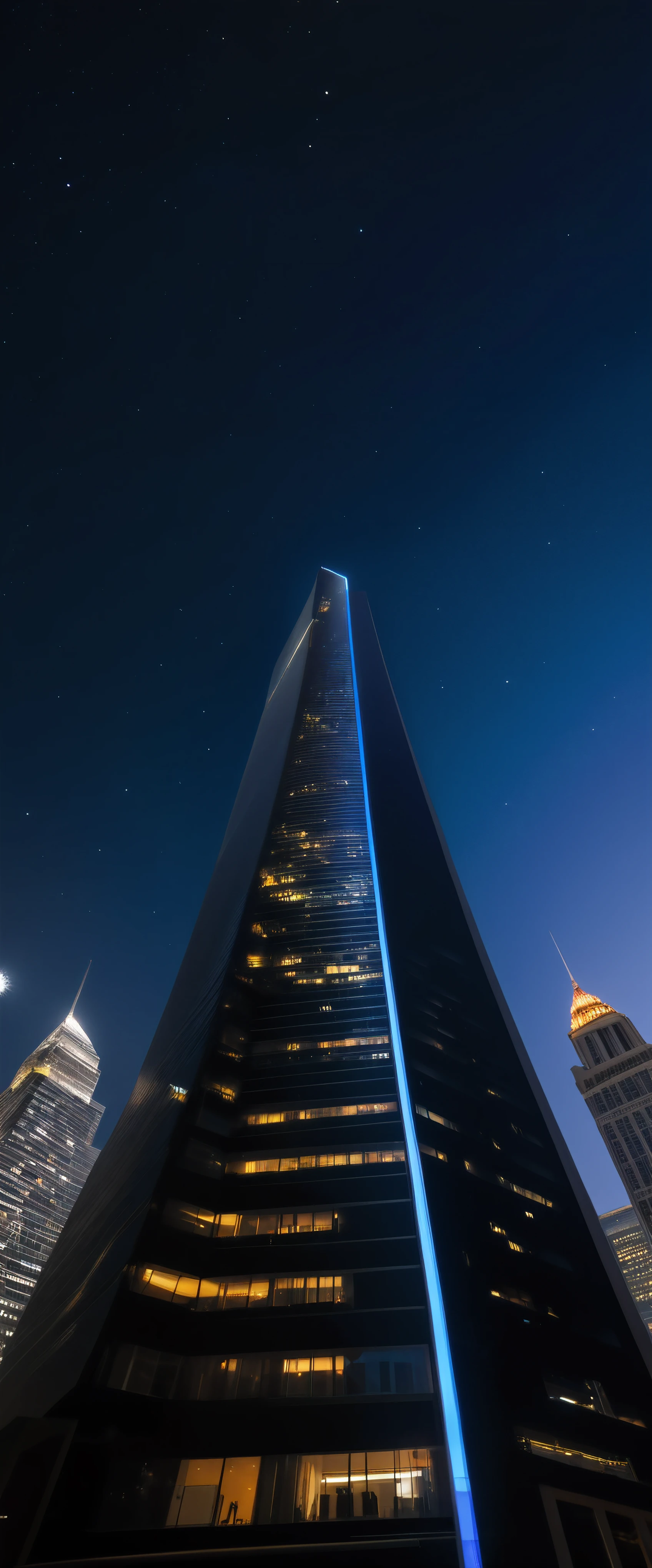 Aerial view of Towering skysraper in a city at night, city lights, asymmetric skyscraper, (ultra wide angle:1.5), fisheye lens photo, ((Aerial view):1.2), ((sense of extreme height):1.1), highly detailed city at night background, (fog), Coexistence with the surrounding environment, extremely detailed city background, wild sakura park, red maple park, beautiful landscape, extremely detailed, depth of field, best quality, masterpiece, high resolution, Hyperrealistic, 8K, top-view, high angle view, BlueColor Palette.

Rendered in ultra-high definition with UHD and retina quality, this masterpiece ensures super detail. 

With a focus on high quality and accuracy, this award-winning portrayal captures every nuance in stunning 16k resolution, immersing viewers in its lifelike depiction. Avoid extreme angles or exaggerated expressions to maintain realism.

((perfect_composition, perfect_design, perfect_layout, perfect_detail, ultra_detailed)), ((enhance_all, fix_everything)), More Detail, Enhance.