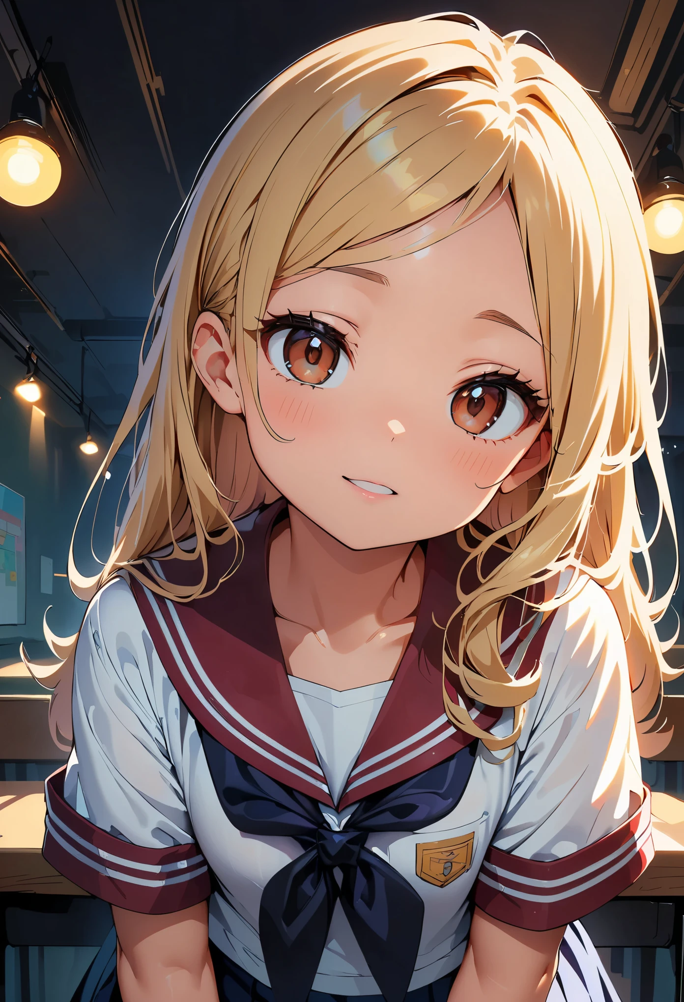 concept:beautiful woman portrait。 quality:NSFW, (最高quality, 4k, High resolution, masterpiece:1.2), Super detailed, (animeスタイル, anime:1.37), lighting effects:strong contrast, Bright colors and mesmerizing effects, Soft and delicate lighting, gentle shine, Subject information:alone, ((girl child)), (round eyes), (small face), (high detail skin:1.2), long eyelashes, glossy lips, (black hair, long hair, reddish brown eyes), (slim body shape), Highly detailed face and skin texture, (Joyful), (sailor suit), droopy eyes, facing the front, seductive thighs, Other details:school classroom:1.5, beautiful skin, shiny skin, perfect fingers, five fingers, anatomically correct, background bokeh, 300㎜, f/4, photo shoot,