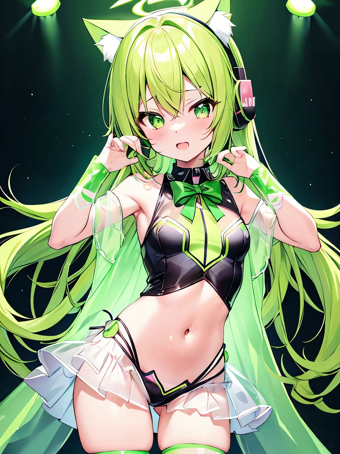 yuyushiki style,
1femboy,halo,fluorescent green hair,electronic diva,glowing-mecha-cat ears-shaped-headphone,
wearing clothes that Short length, too much exposure, see-through,erotic and sexy,Nasty and slutty,
kawaii looks,kawaii-shounen,ultra-detailed-kawaii-face,
Suspiciously glowing fluorescent green light,
virtual idol in cyber live stage arena,green heart,