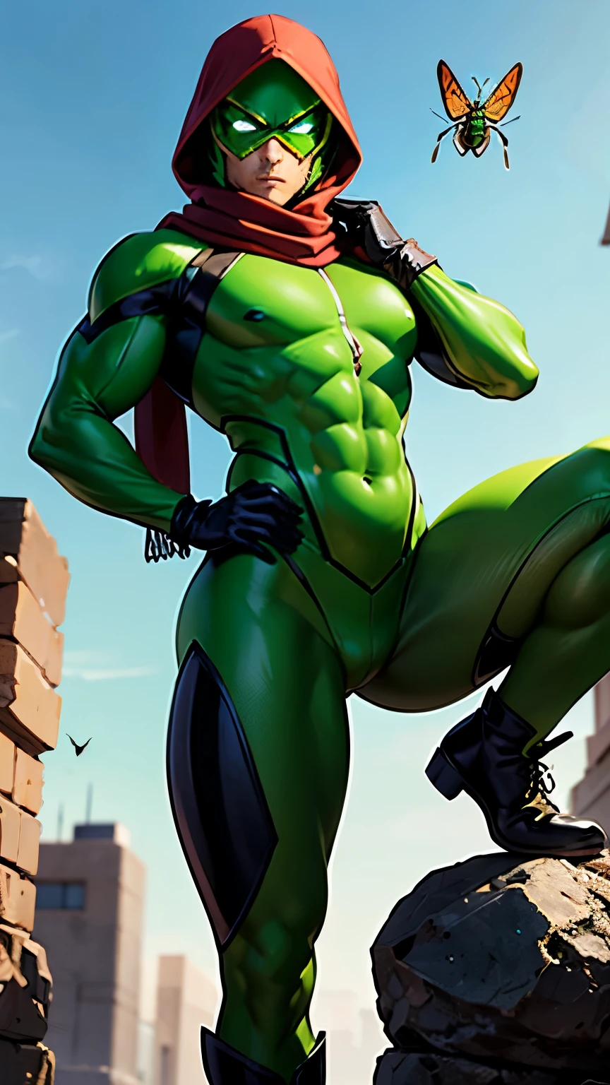 Hero, head covered with insect grasshopper head, green suit, red scarf around neck, green gloves on arms, green boots on legs, kick pose, sky in background, scarf is dominated, large red grasshopper eyes, costume is black rider suit, green protector on chest, green protector on belly,Hero, muscular man, head covered with insect grasshopper head covering, head covered with covering, green suit, red scarf around neck, green gloves on arms, green boots on legs, kick pose, sky in background, scarf is dominated, large red grasshopper eyes, costume is black rider suit, green protector on chest, green protector on belly, full black tights,