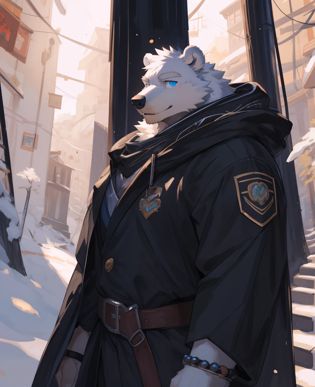 de尾巴ed anatomy, Humanity, ((polar bear| off-white | blue eyes)), male, alone, Kanno, Strong, tailed eyes, ，cheering，(( bracelet, Bard Armor)), bear tail, in the forest, Handheld organ, Smile, by bebebebebe, by zackary911，